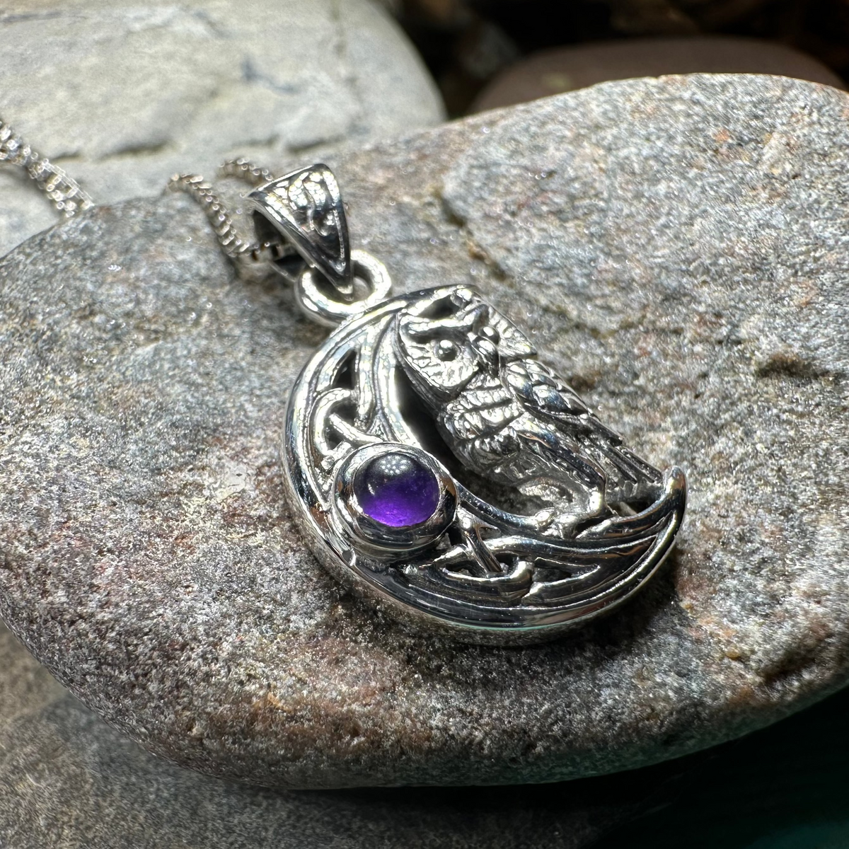Owl Crescent Moon Necklace in Sterling Silver