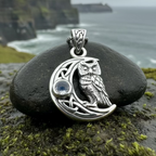 Owl Crescent Moon Necklace in Sterling Silver