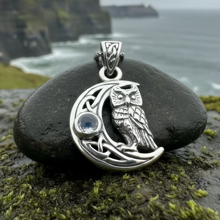 Owl Crescent Moon Necklace in Sterling Silver