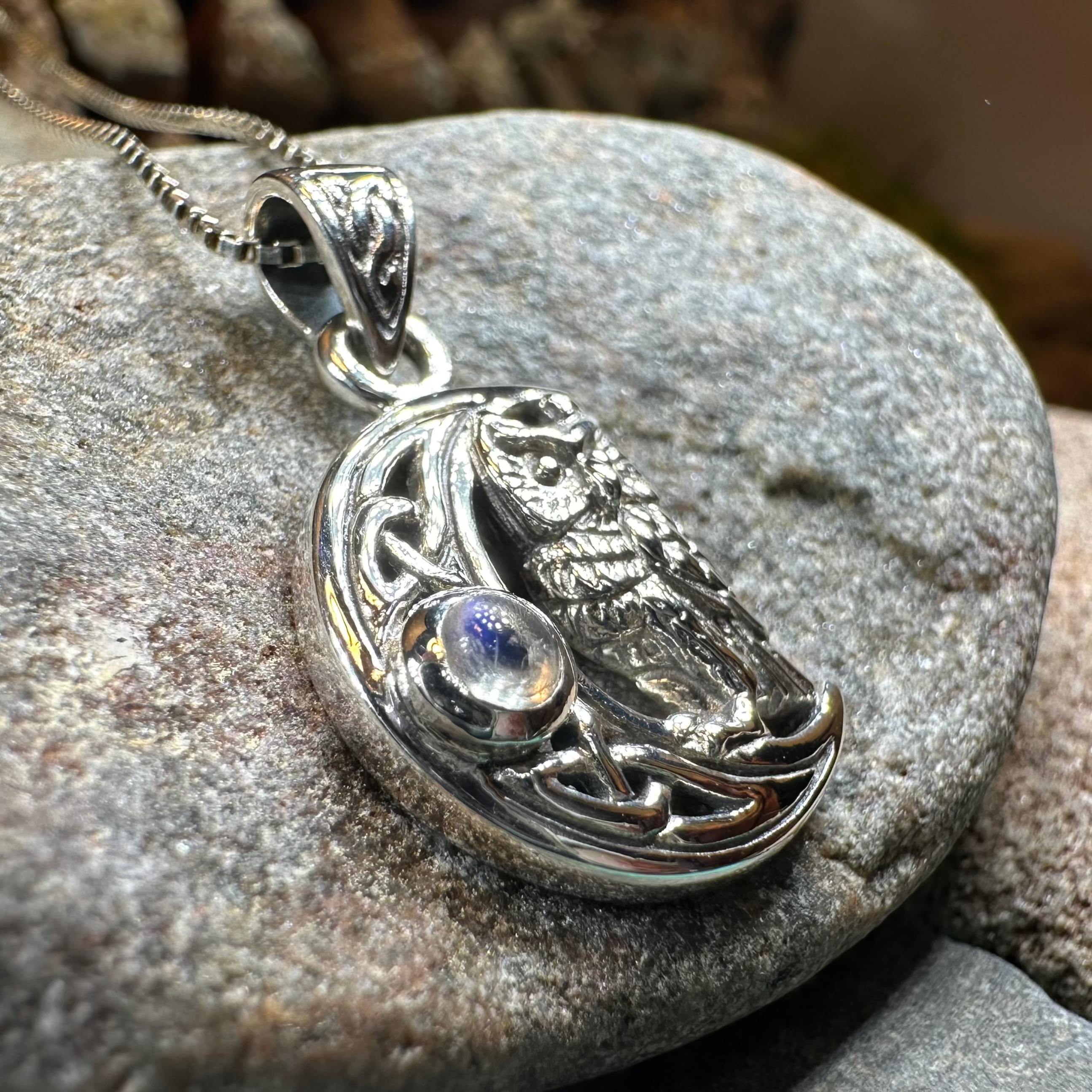 Owl Crescent Moon Necklace in Sterling Silver