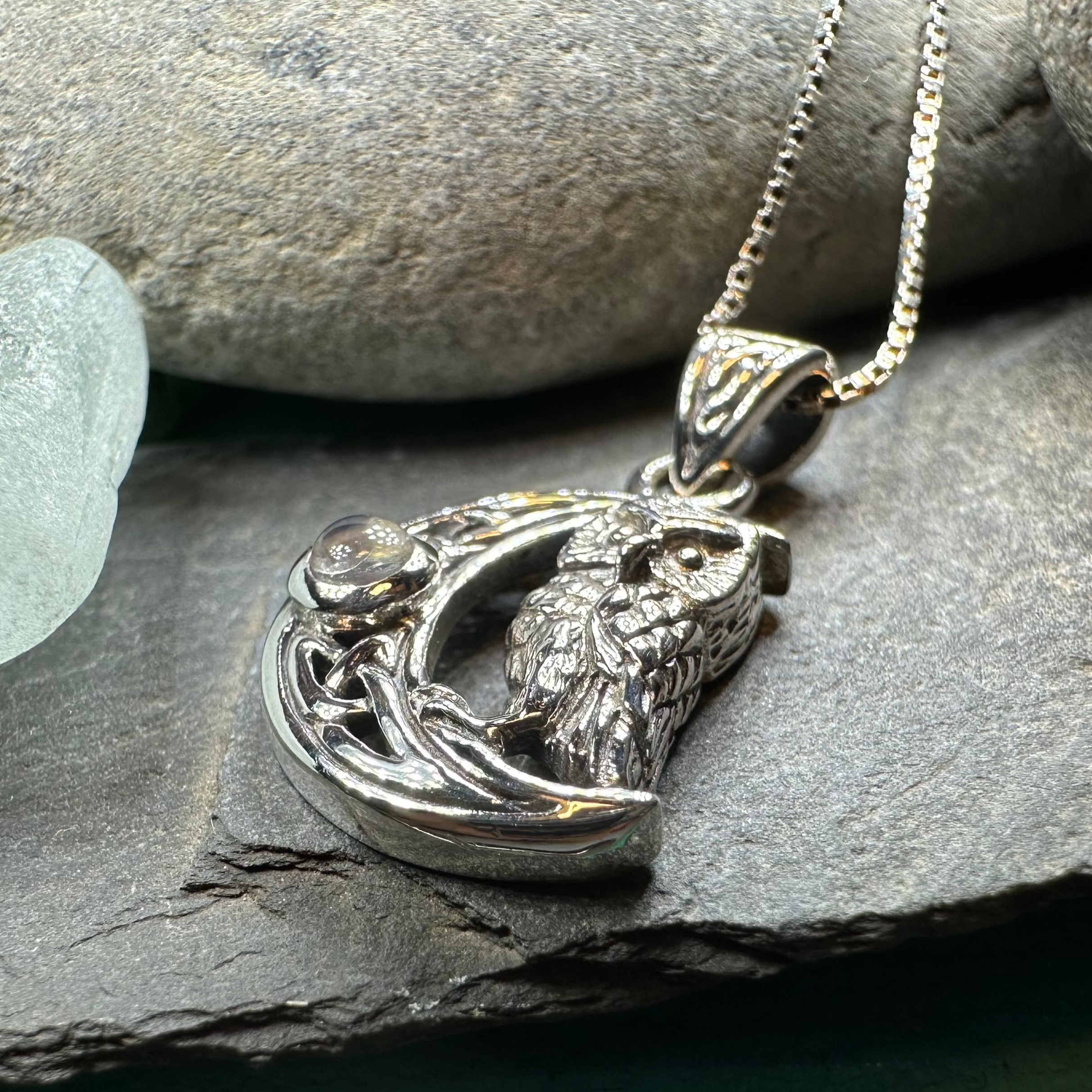 Owl Crescent Moon Necklace in Sterling Silver