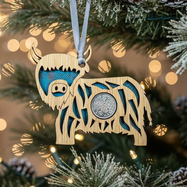 Tartan Highland Cow Lucky Sixpence Ornament