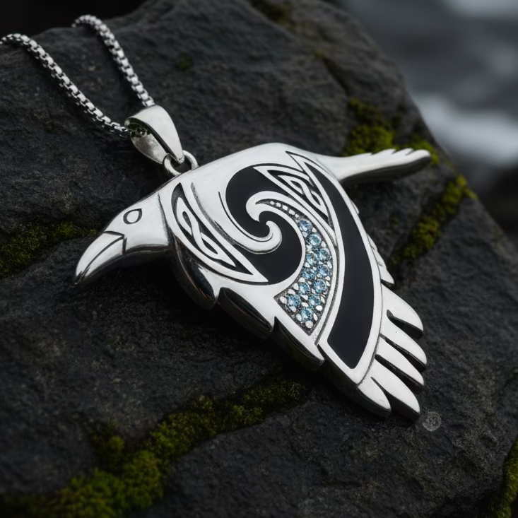 Birget Celtic Raven Necklace in Sterling Silver