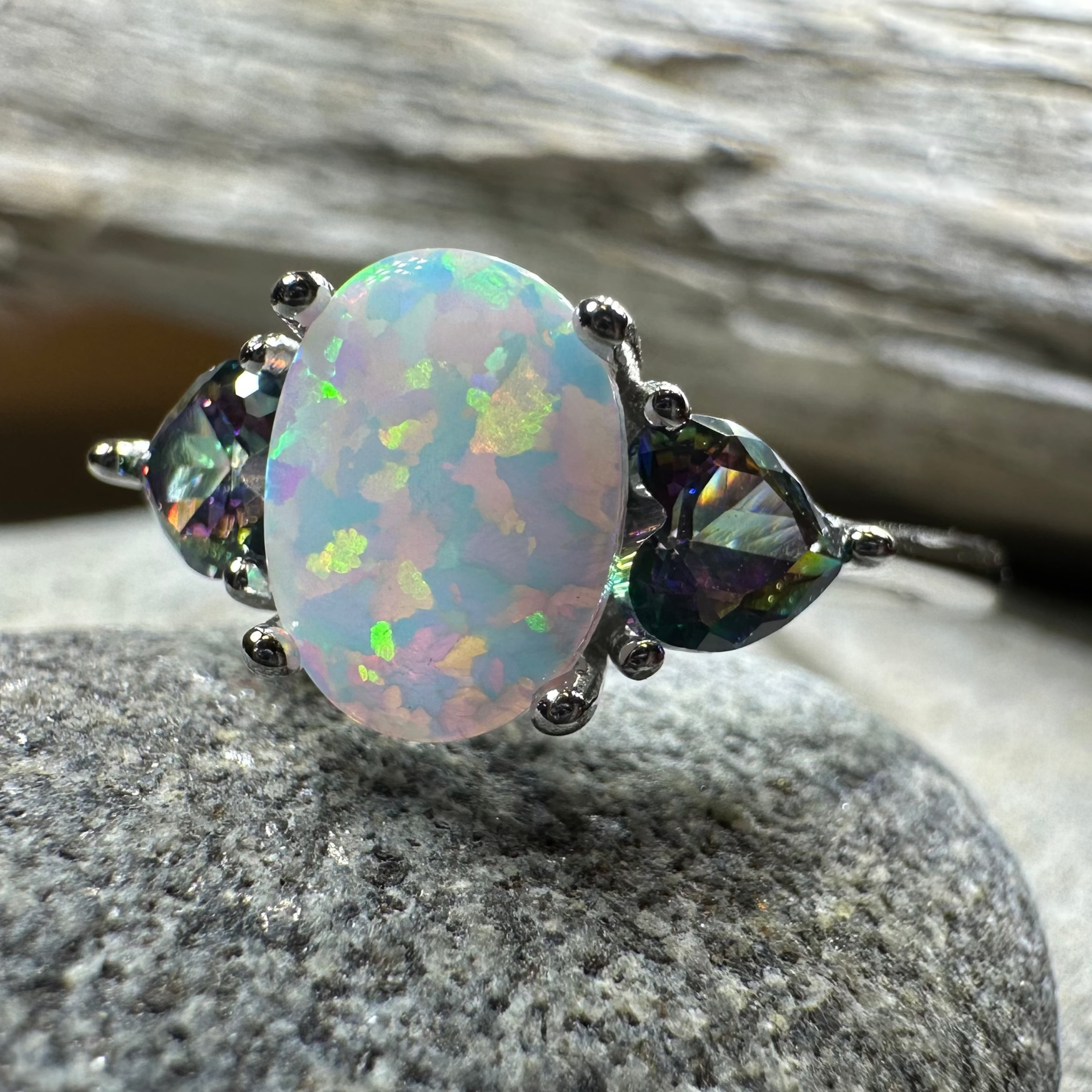 Aubrette Opal Celtic Ring in Sterling Silver
