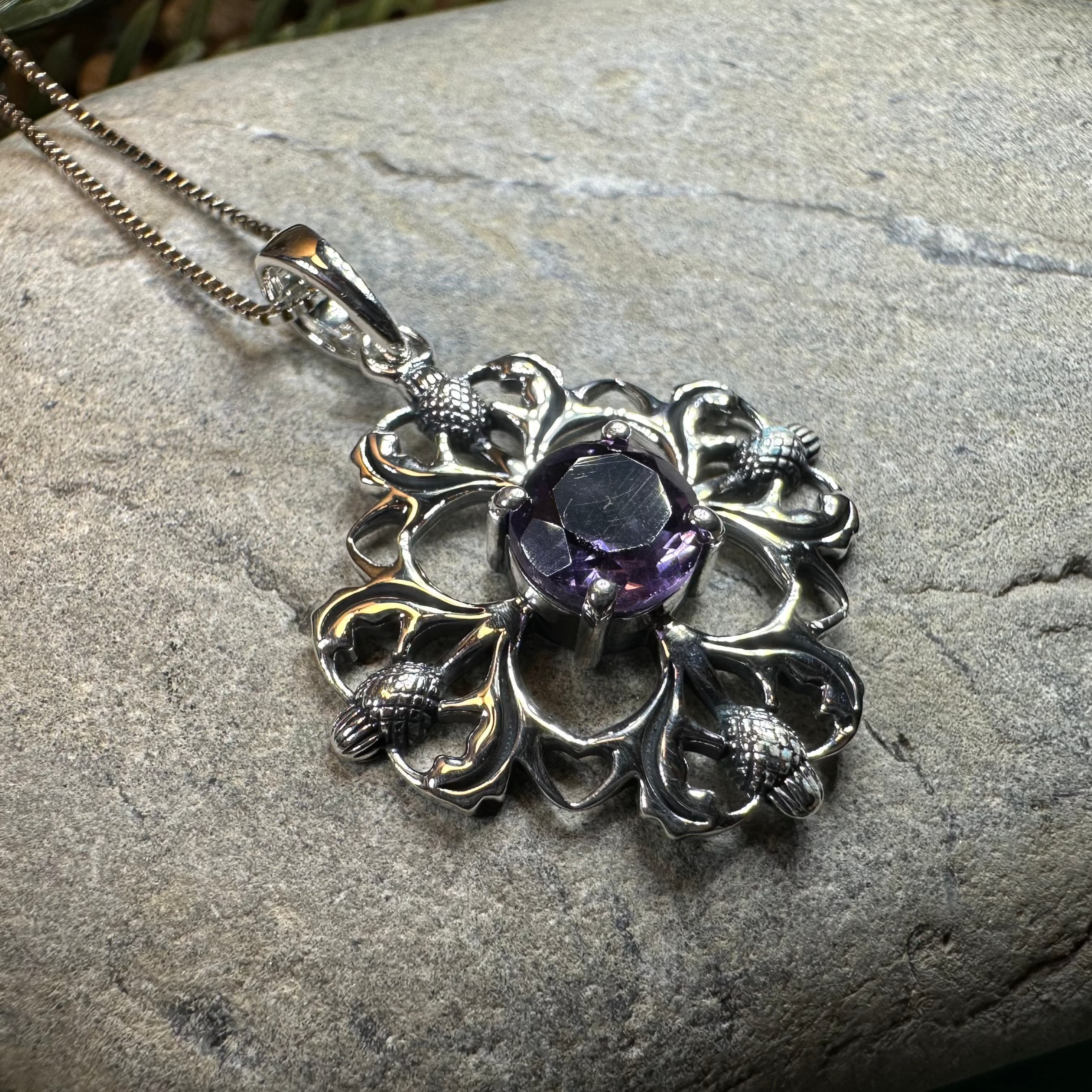 Dolina Amethyst Scottish Thistle Necklace in Sterling Silver