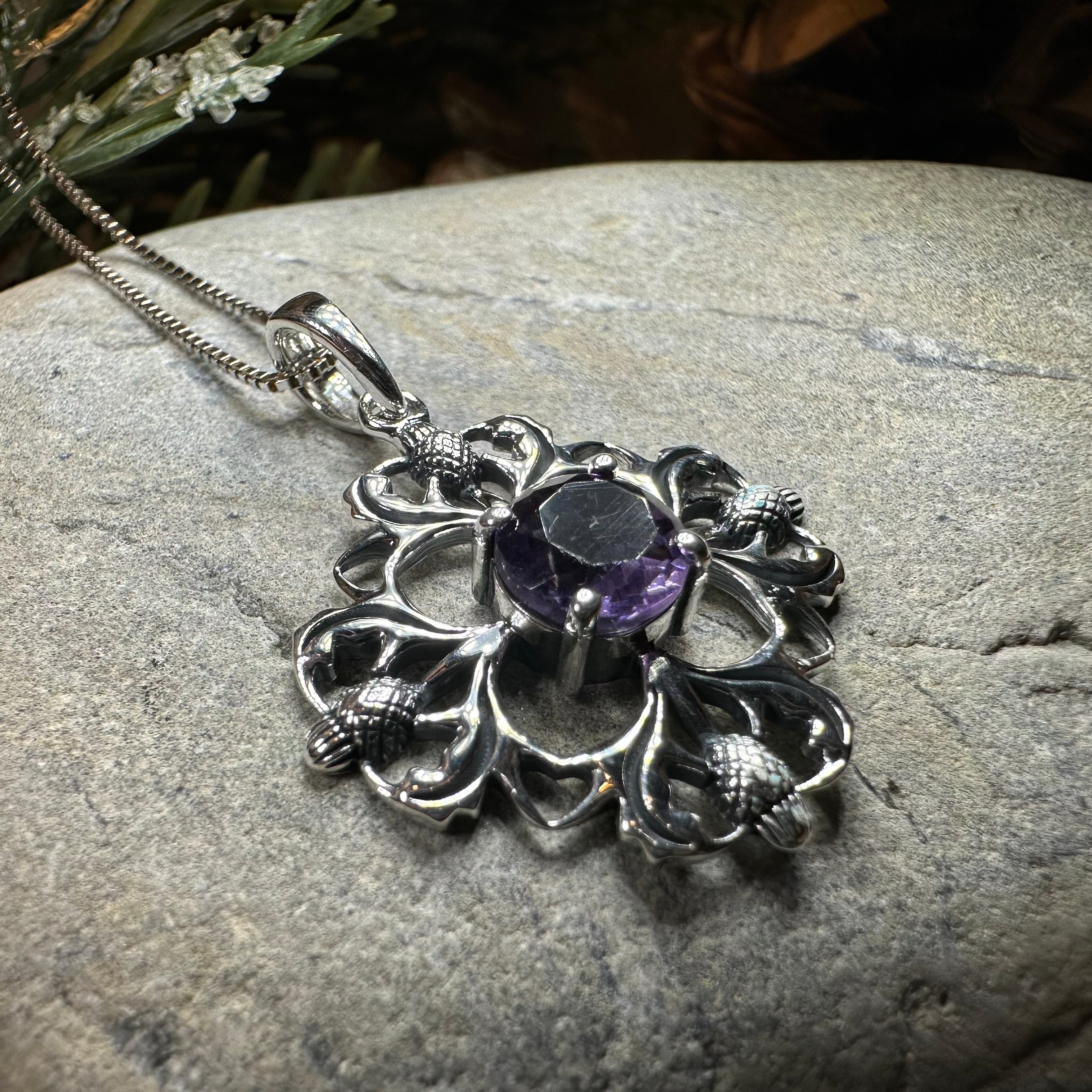 Dolina Amethyst Scottish Thistle Necklace in Sterling Silver