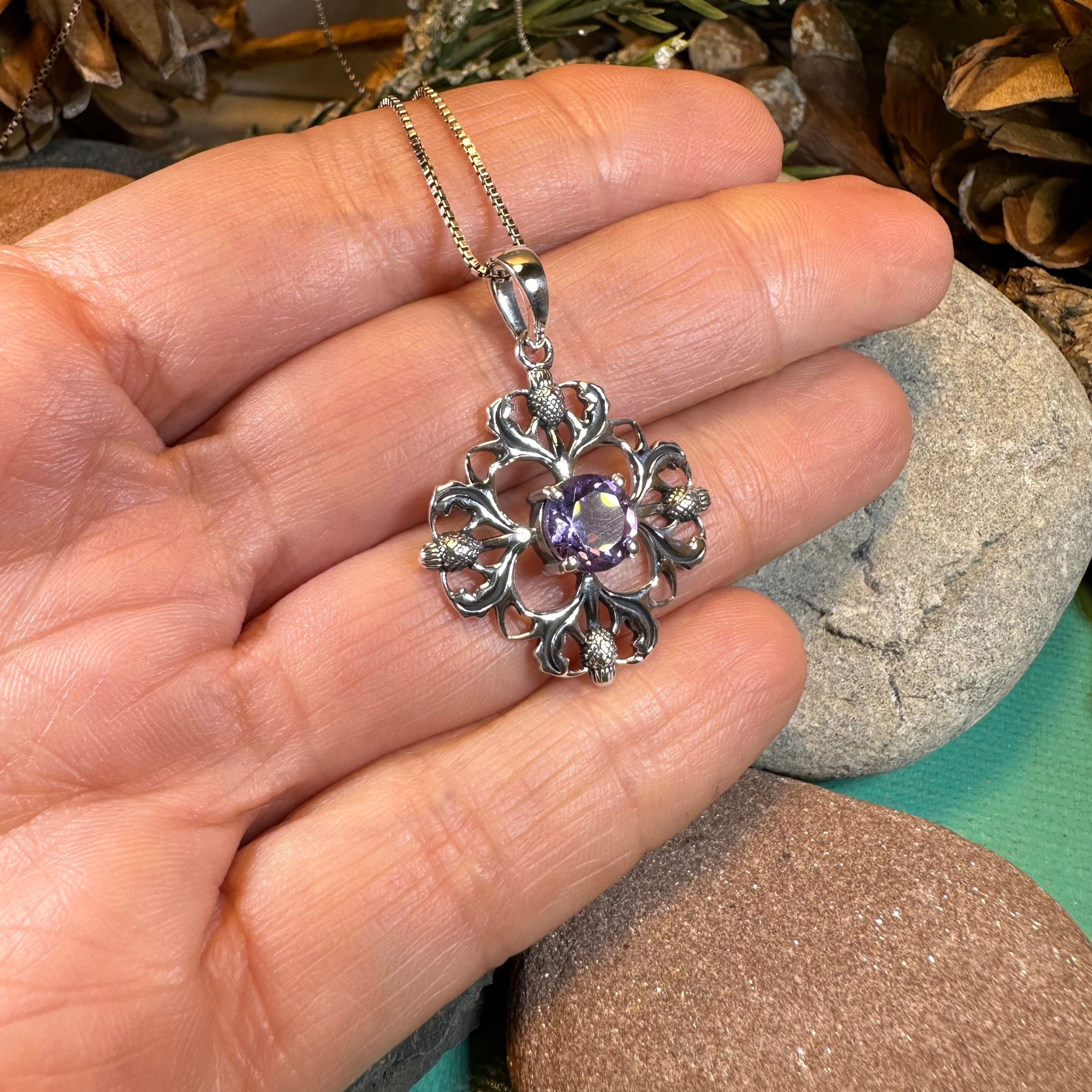 Dolina Amethyst Scottish Thistle Necklace in Sterling Silver