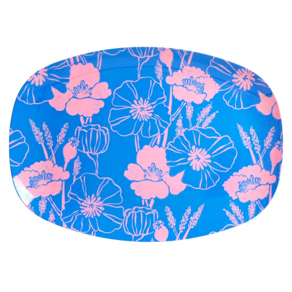 Medium Melamine Rectangular Plate - Blue - Poppies Love Print