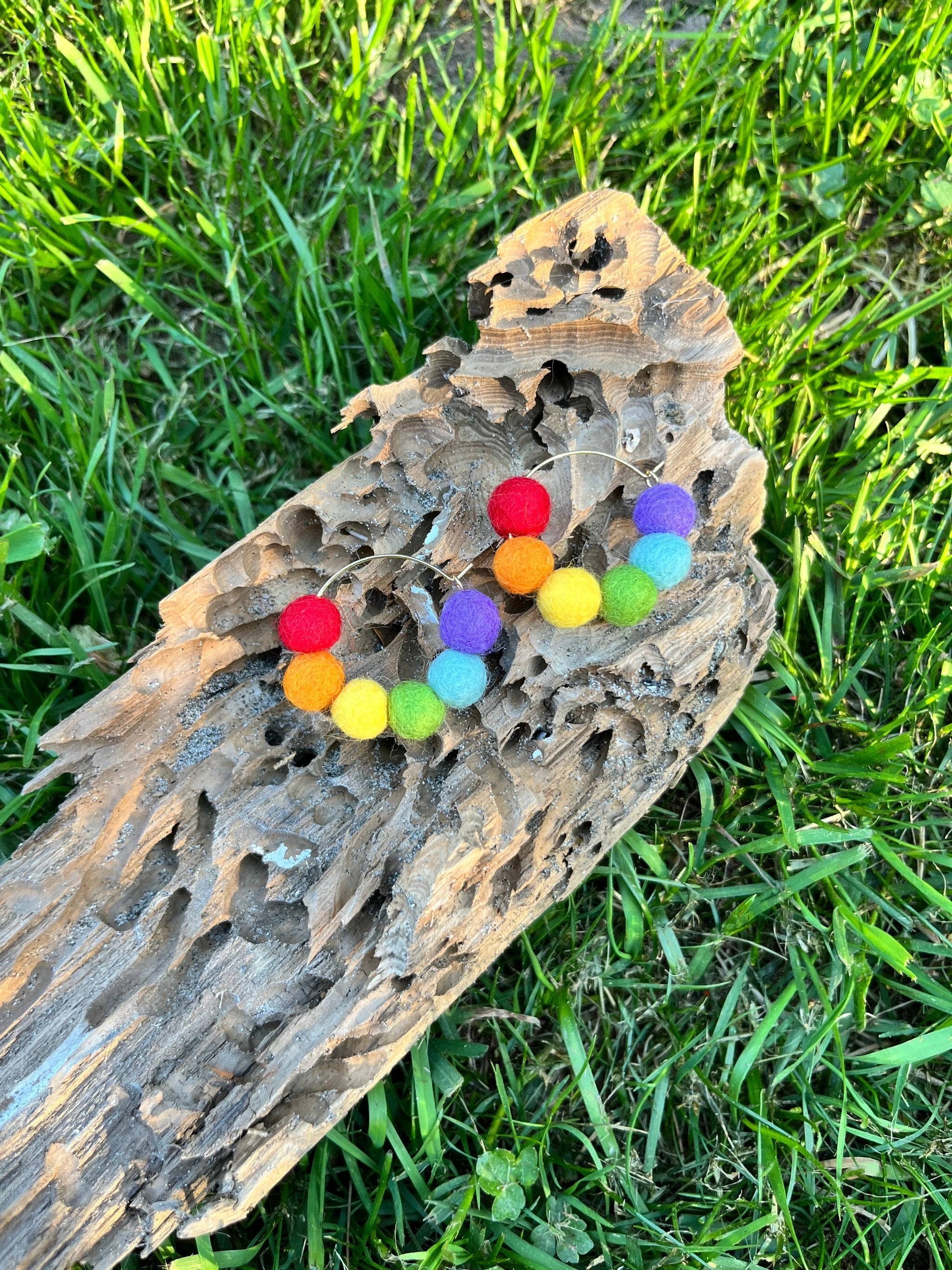 Rainbow Felt Ball Hoop Earring by honeyloomdesigns