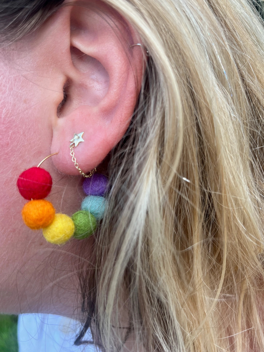Rainbow Felt Ball Hoop Earring by honeyloomdesigns