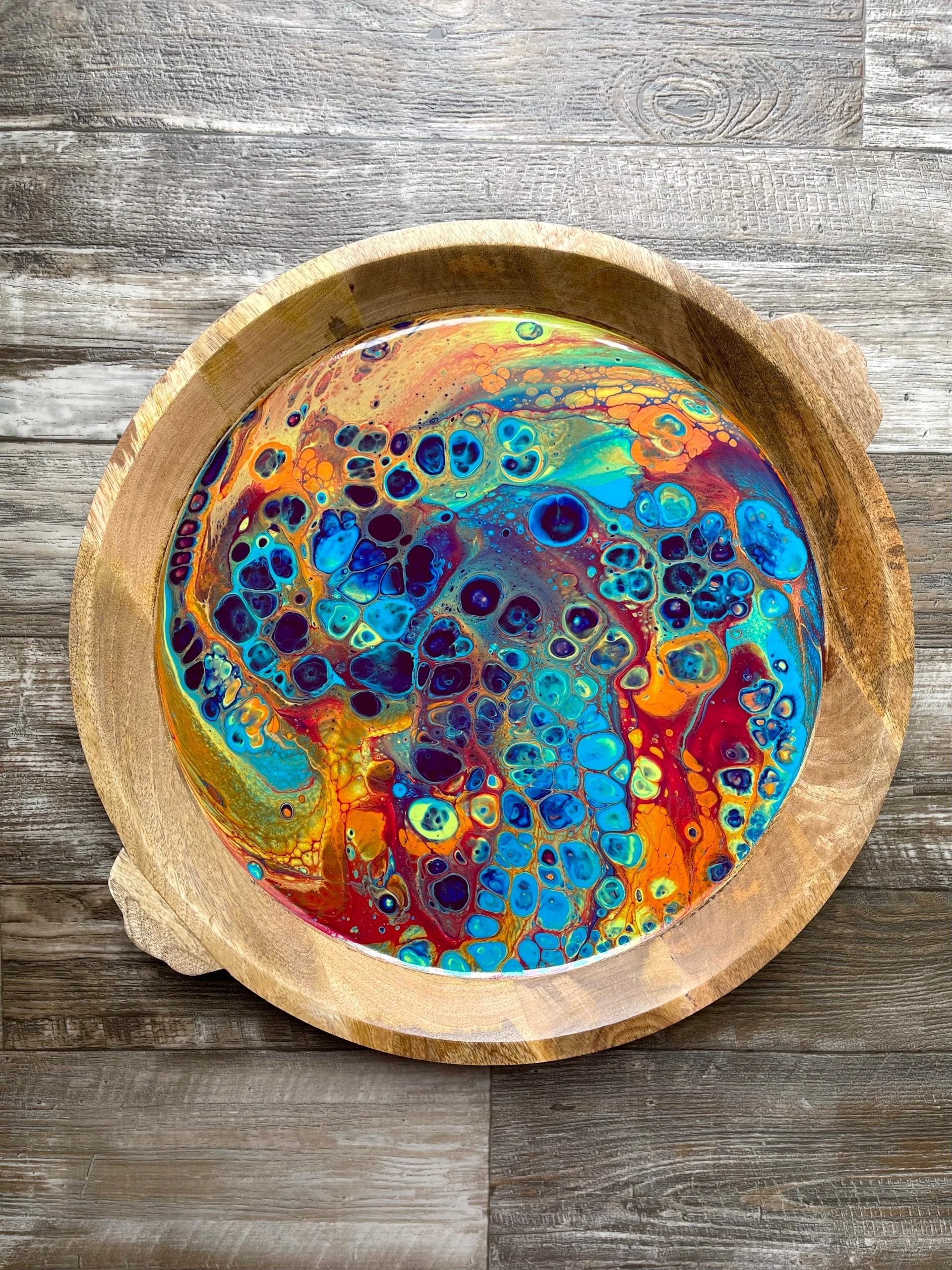 Intergalactic Rainbow Extra-Large Round Wood Tray by Bespattered Facade