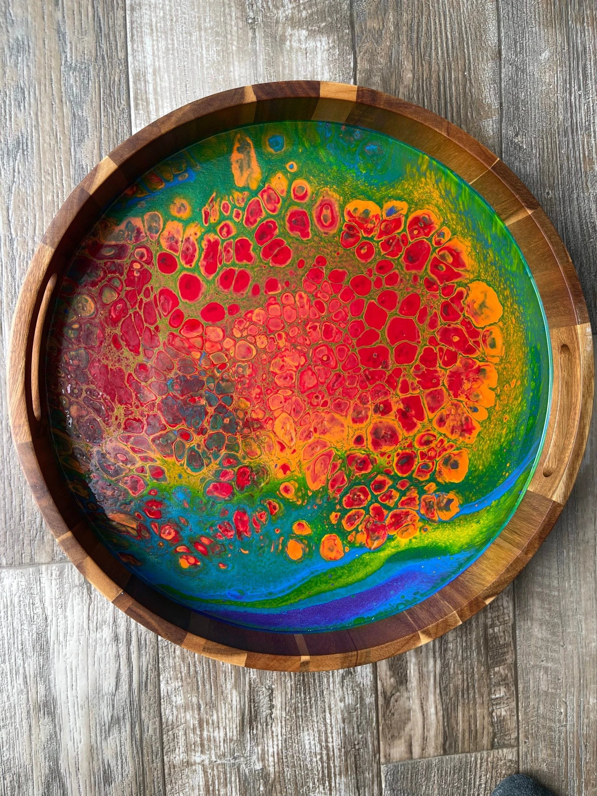 Rainbow Large Round Acacia Wood Tray by Bespattered Facade