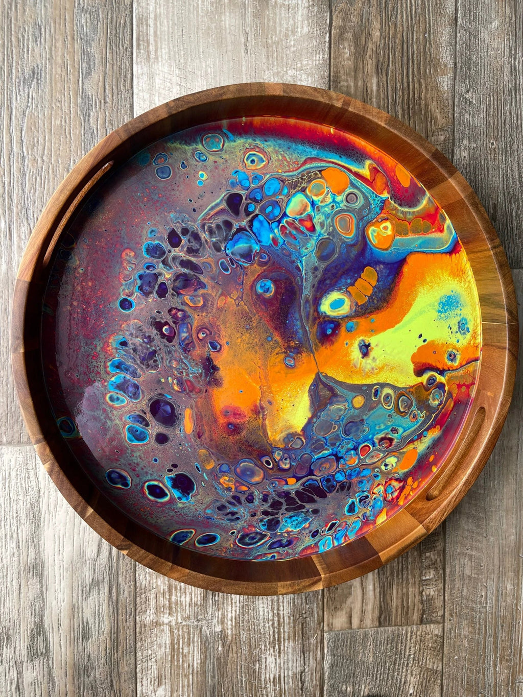 Intergalactic Rainbow Large Round Acacia Wood Tray by Bespattered Facade