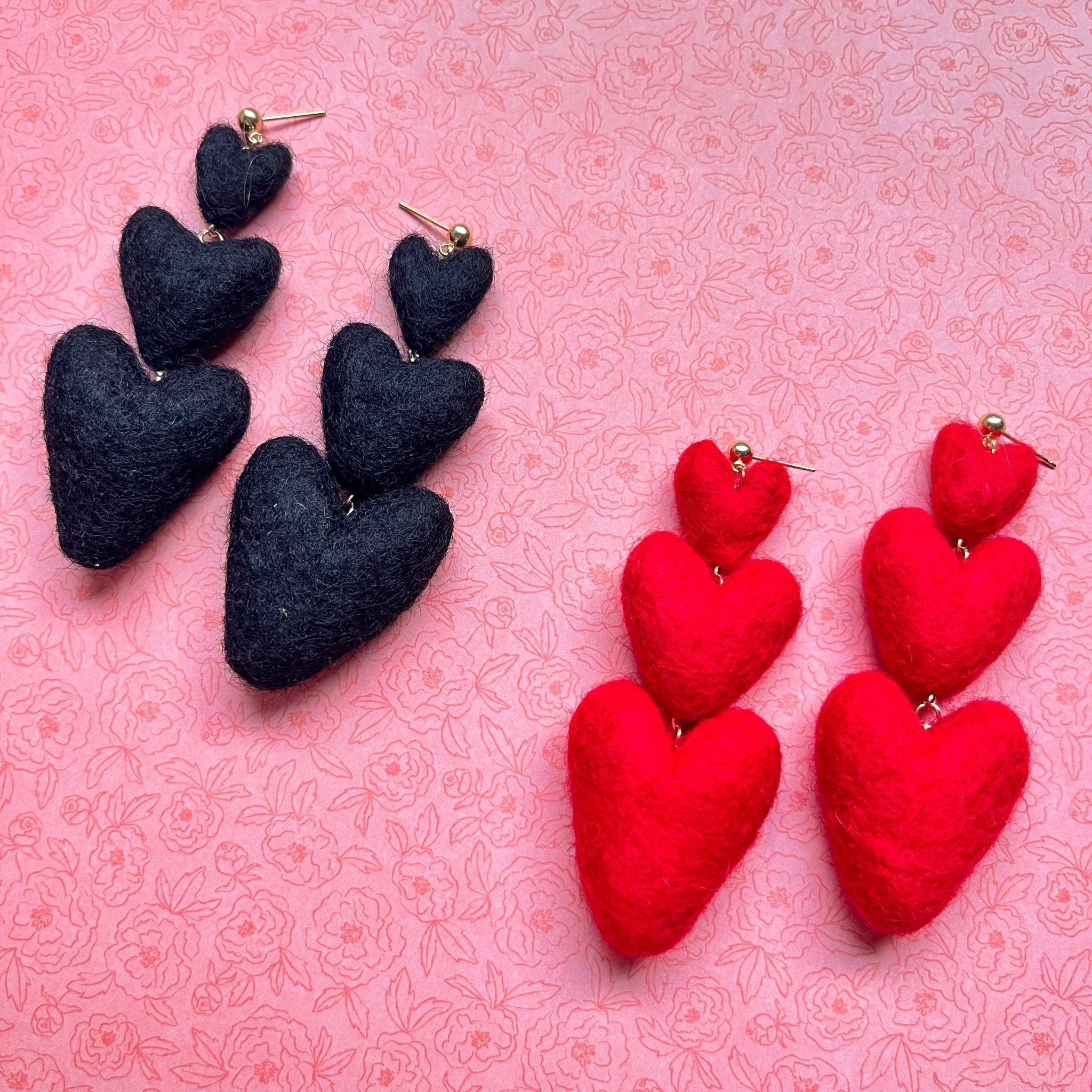 Three Tiered Heart Felt Dangle Earrings by honeyloomdesigns