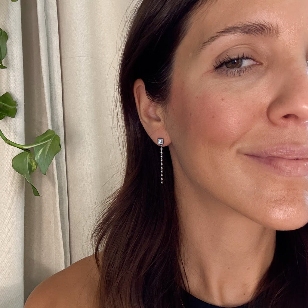 Square Crystal Bead Chain Stud Earrings