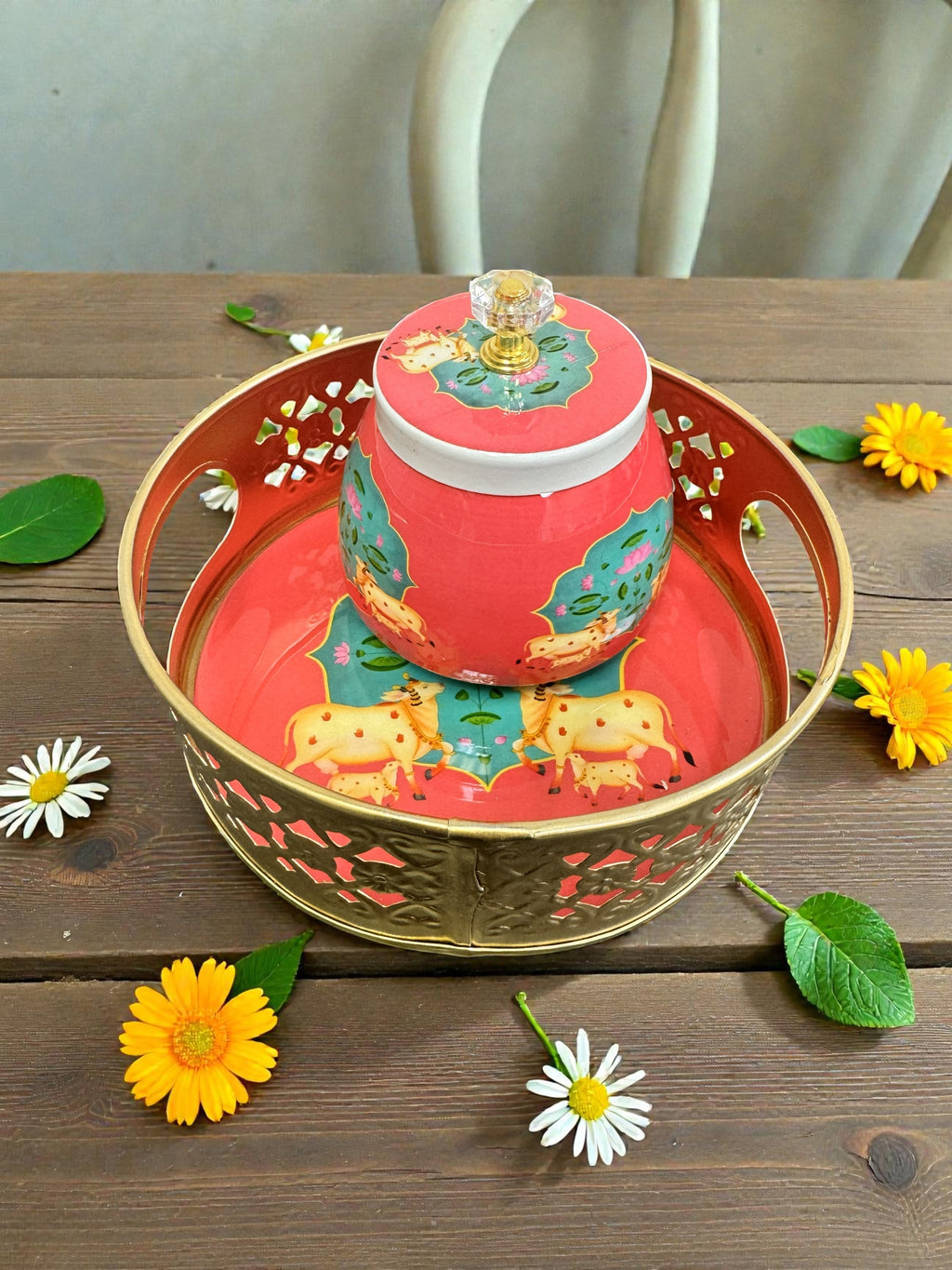 Designer Floral Print Tray Set with Matching Jar