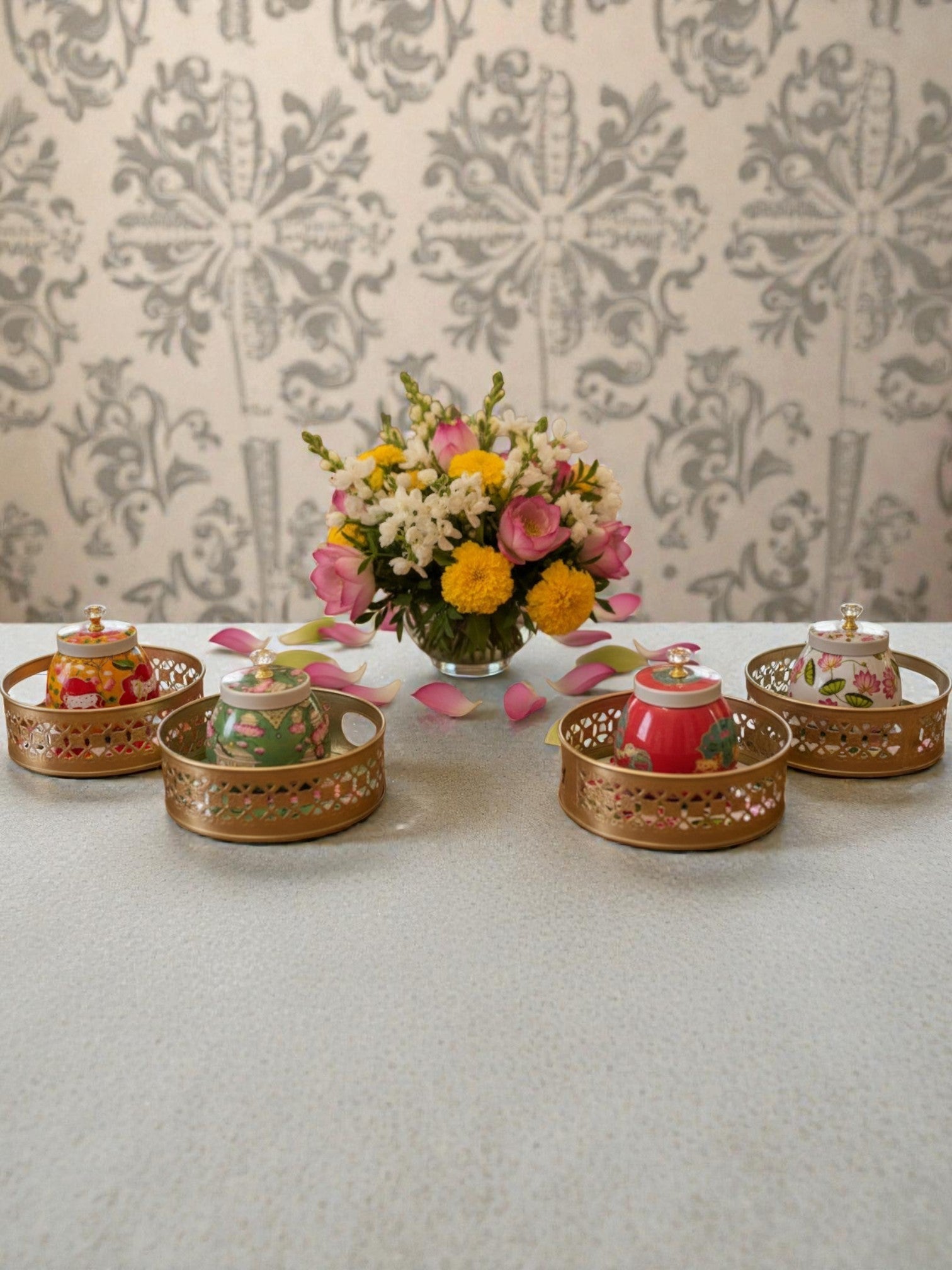 Designer Floral Print Tray Set with Matching Jar