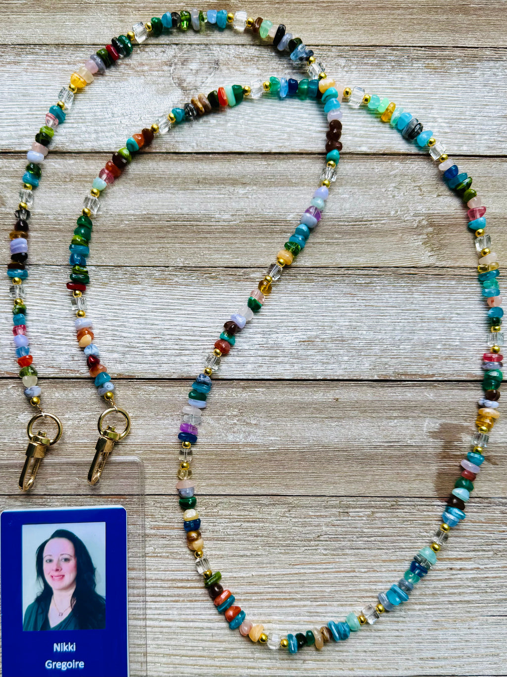 Rainbow Gemstone and Crystal Beaded ID Badge Lanyard / Crossbody Phone Strap / Bag Chain Purse Charm