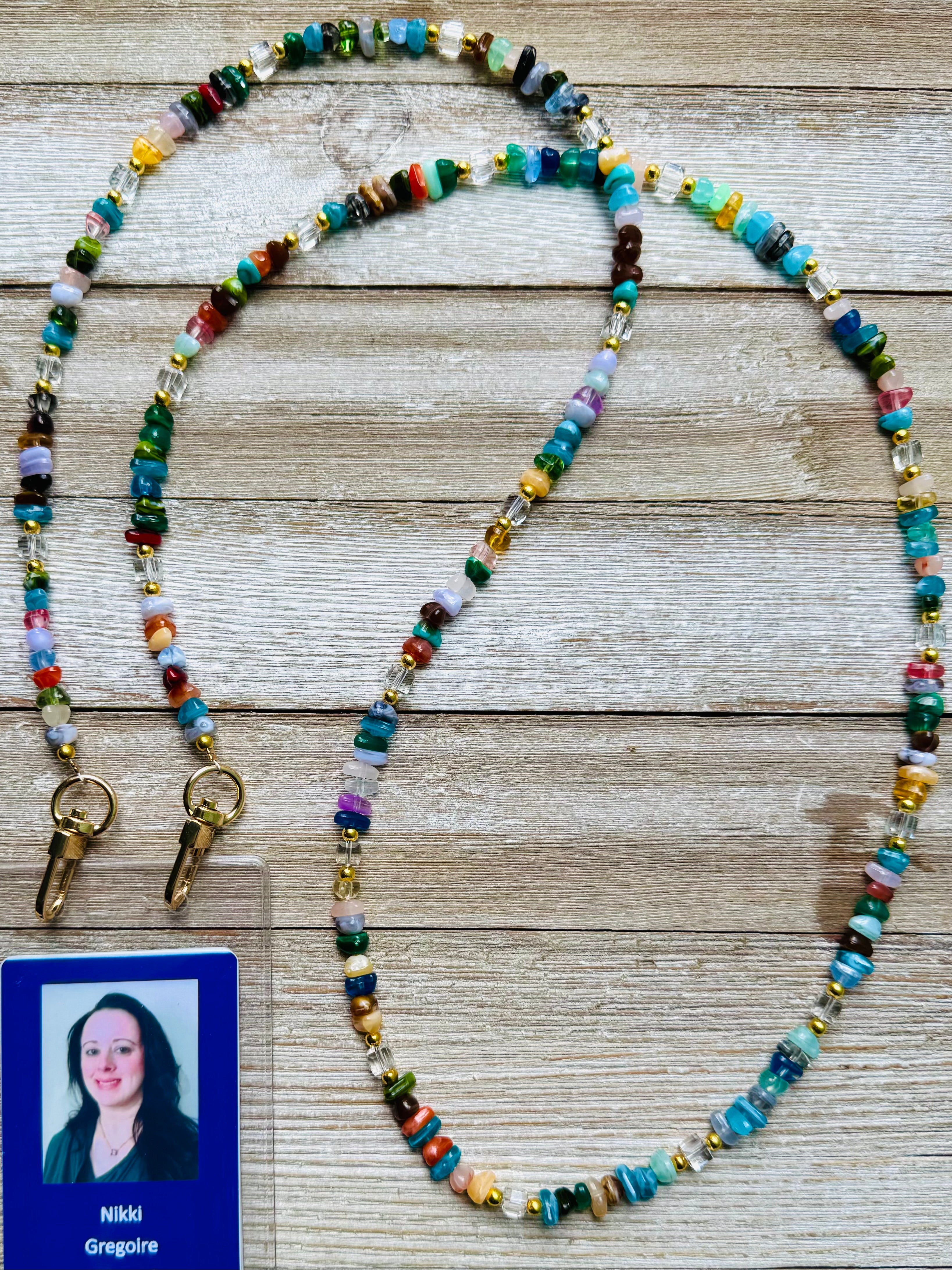 Rainbow Gemstone and Crystal Beaded ID Badge Lanyard / Crossbody Phone Strap / Bag Chain Purse Charm