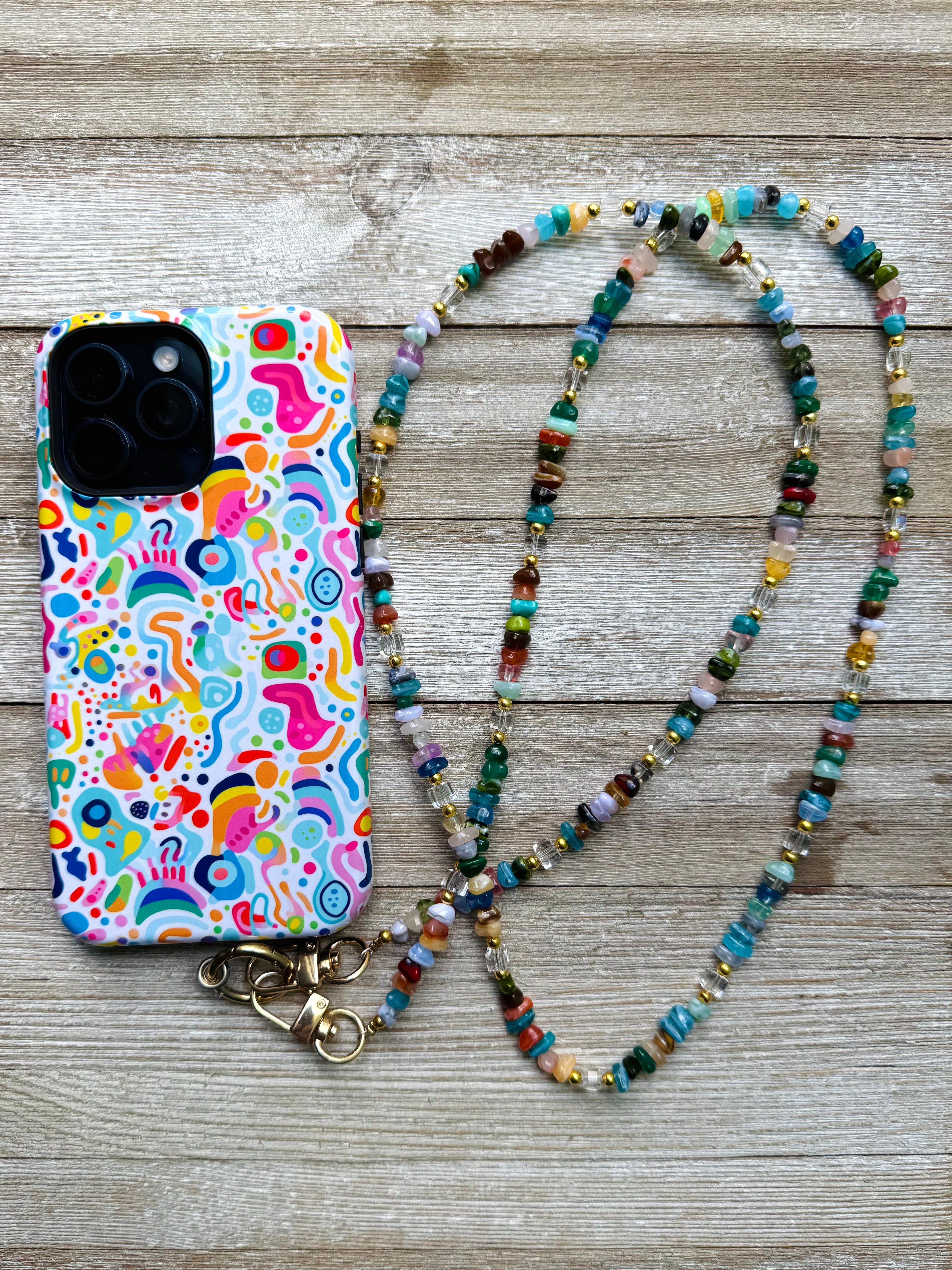Rainbow Gemstone and Crystal Beaded ID Badge Lanyard / Crossbody Phone Strap / Bag Chain Purse Charm