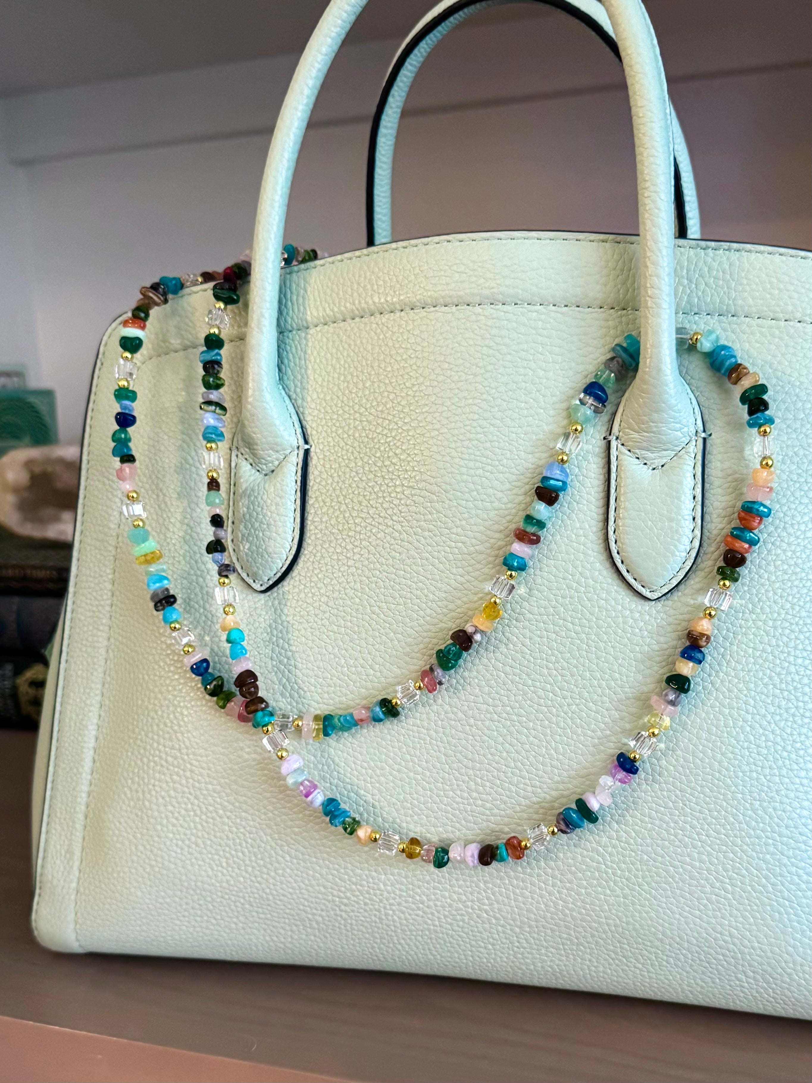 Rainbow Gemstone and Crystal Beaded ID Badge Lanyard / Crossbody Phone Strap / Bag Chain Purse Charm