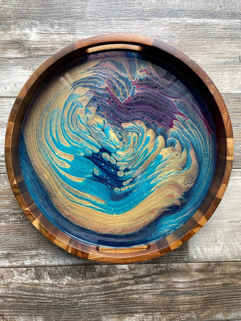 "The Audition Collection" Bejeweled Medium Round Acacia Wood Tray by Bespattered Facade