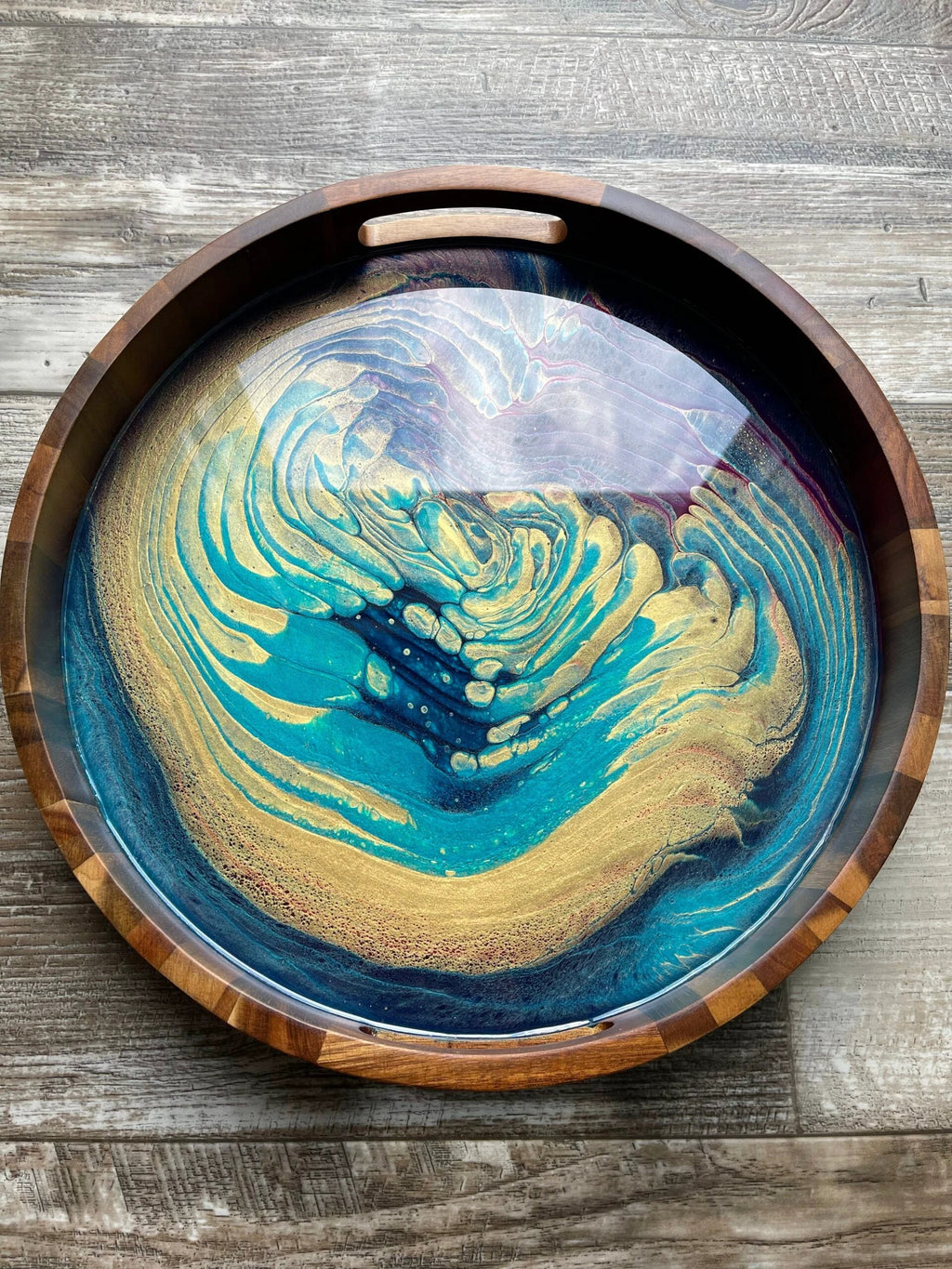 "The Audition Collection" Bejeweled Medium Round Acacia Wood Tray by Bespattered Facade