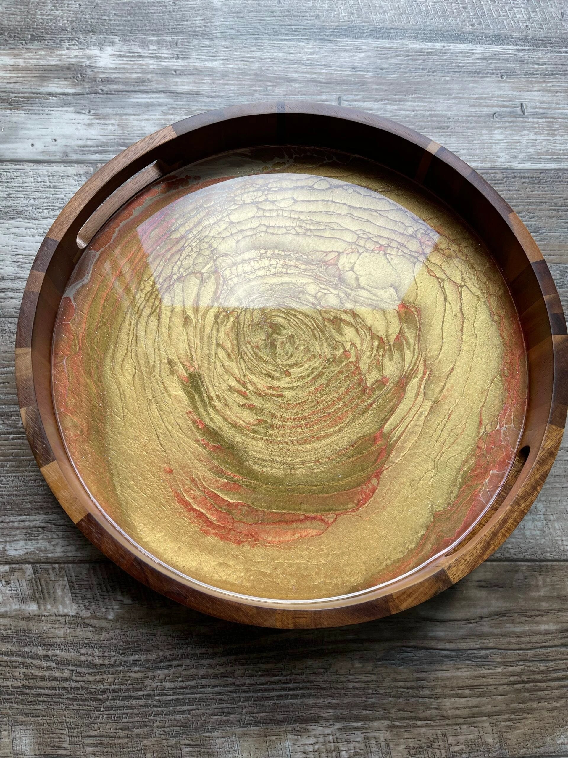 "The Audition Collection" Warm Metallic Neutrals Medium Round Acacia Wood Tray by Bespattered Facade