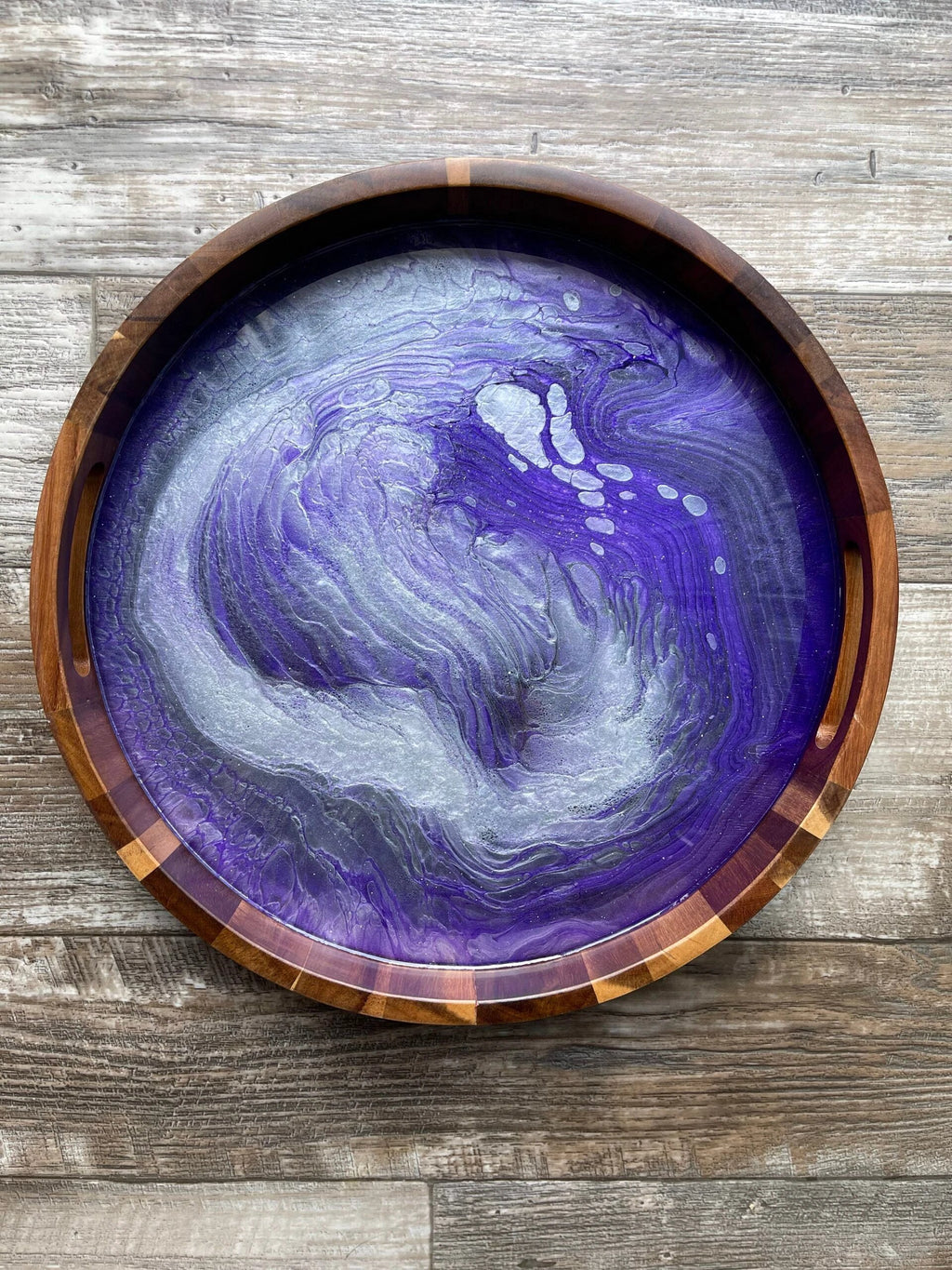 "The Audition Collection" Amethyst Jewel Medium Round Acacia Wood Tray by Bespattered Facade