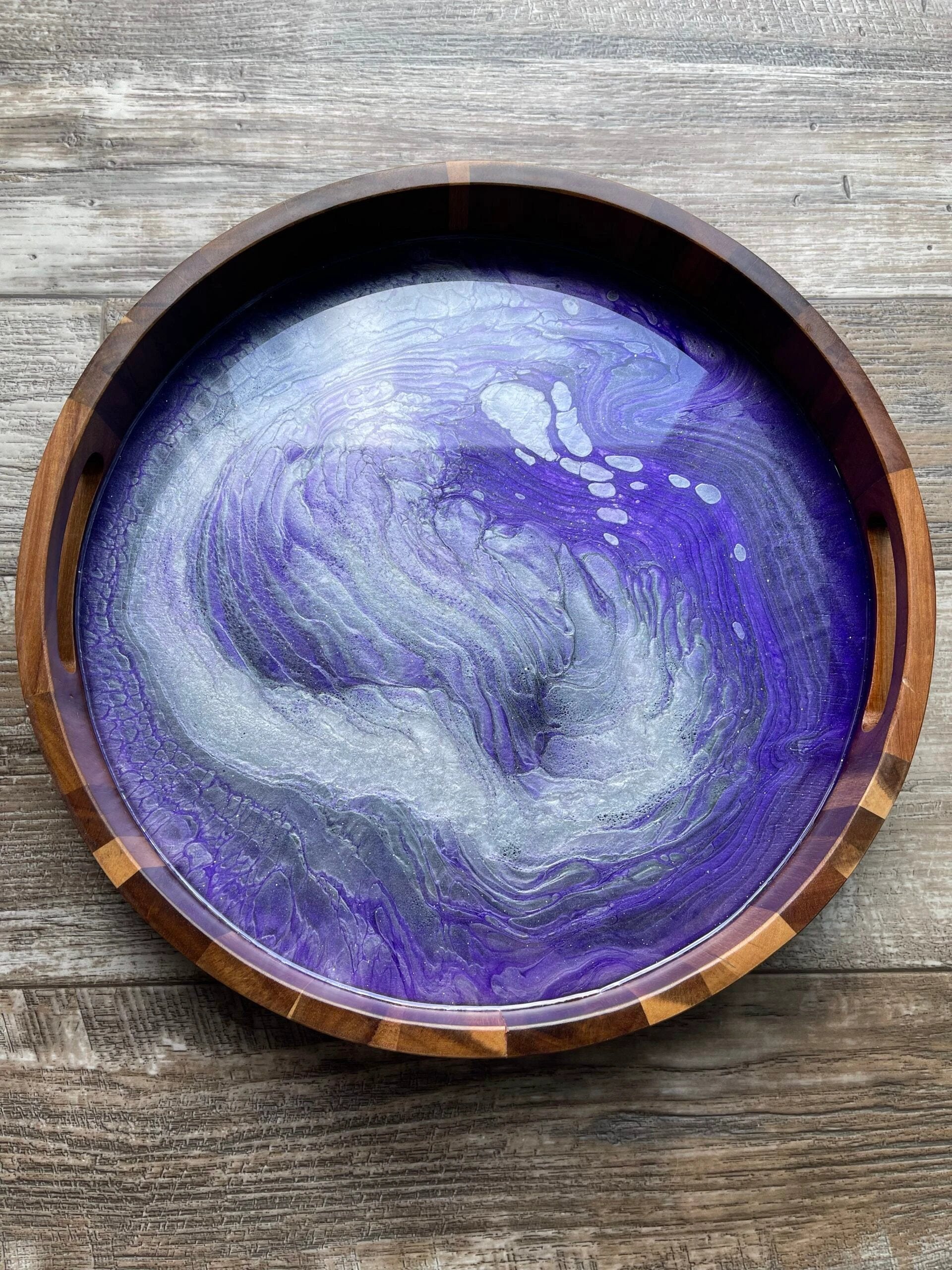 "The Audition Collection" Amethyst Jewel Medium Round Acacia Wood Tray by Bespattered Facade