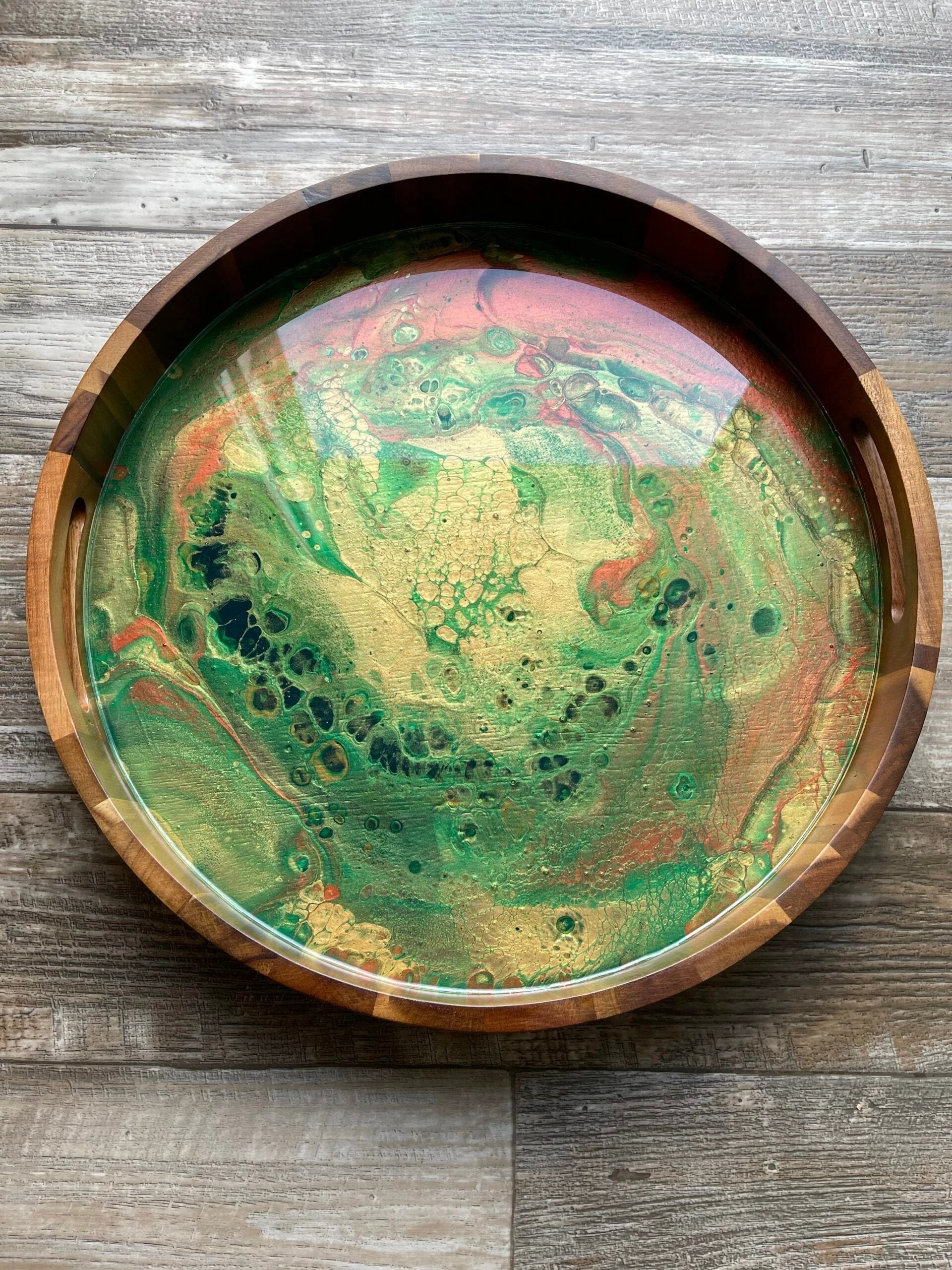 "The Audition Collection" Emerald City Large Round Acacia Wood Tray by Bespattered Facade