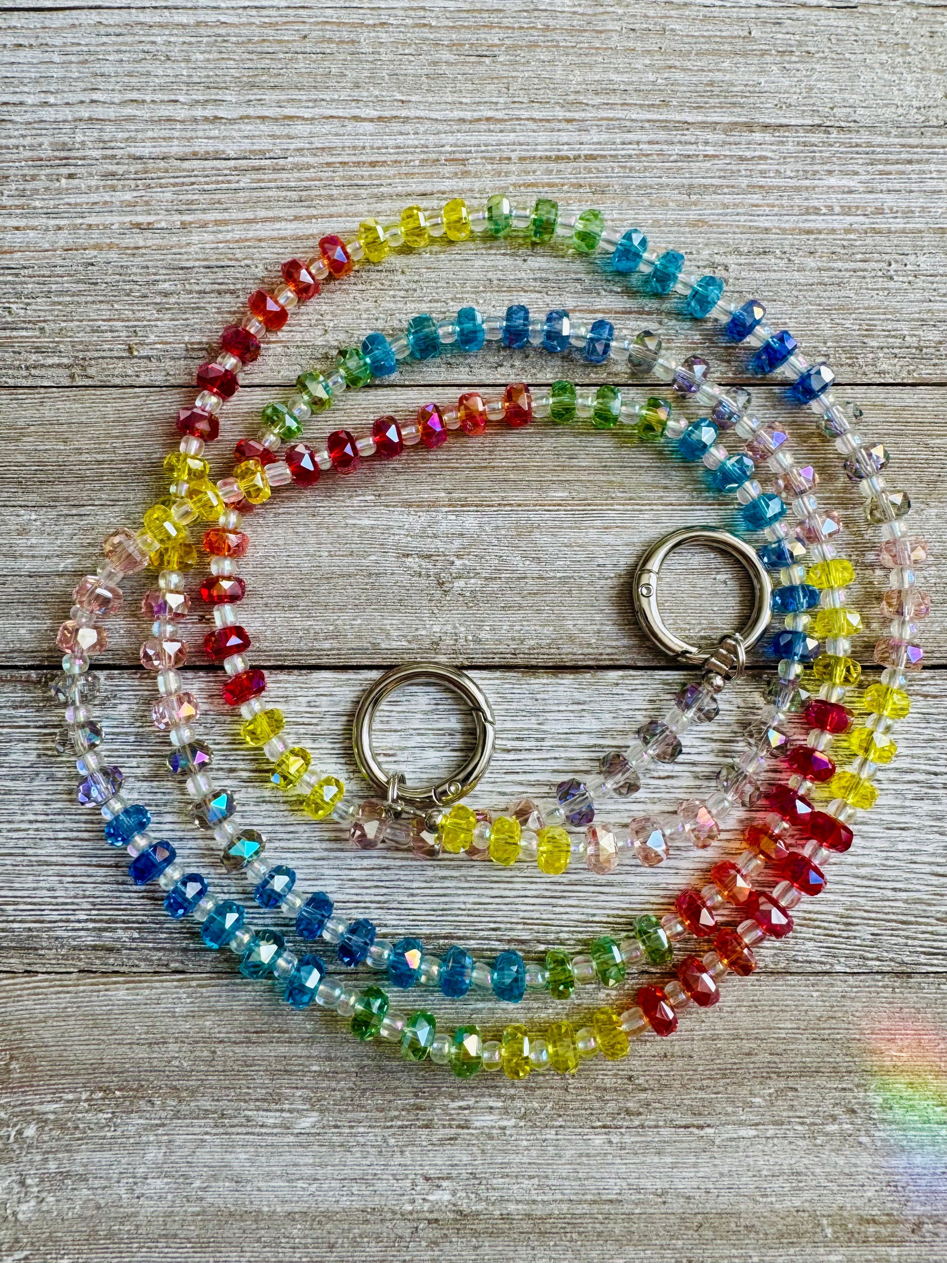 Rainbow Crystals Beaded ID Badge Lanyard / Crossbody Phone Strap / Bag Chain Purse Charm