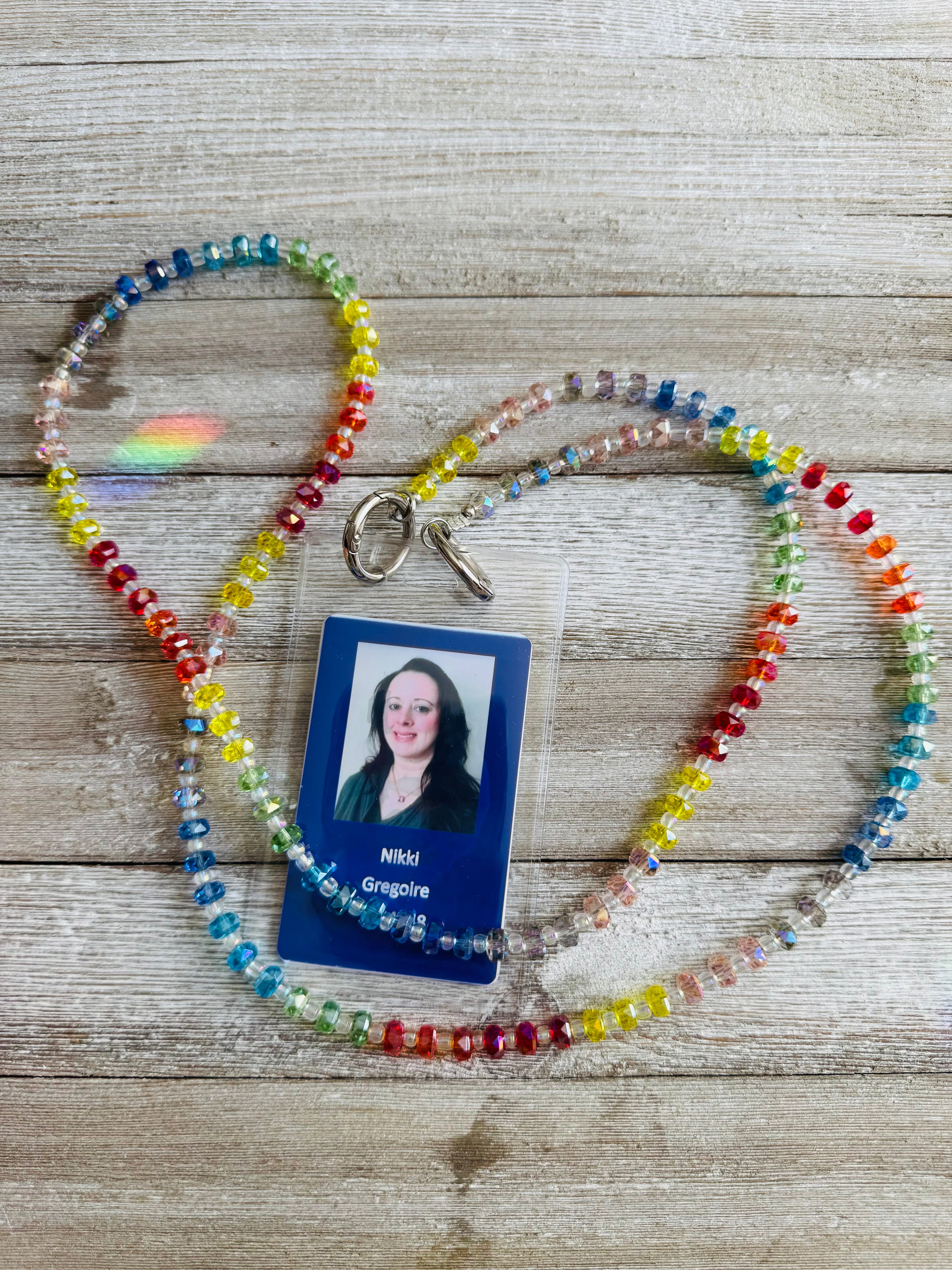 Rainbow Crystals Beaded ID Badge Lanyard / Crossbody Phone Strap / Bag Chain Purse Charm