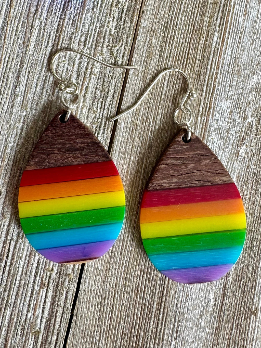Bespattered Facade Rainbow Stripes Wood and Resin Dangly Earrings by Bespattered Facade