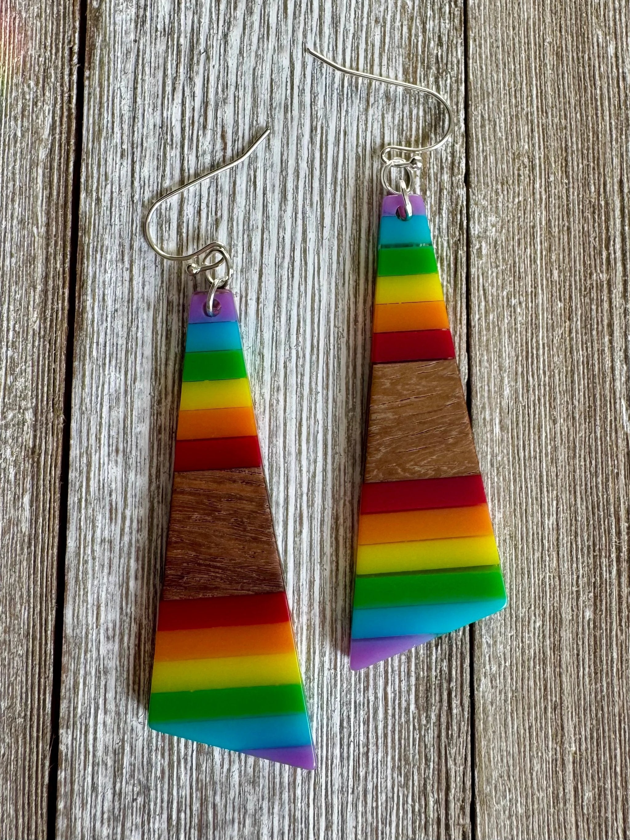 Bespattered Facade Rainbow Stripes Wood and Resin Dangly Earrings by Bespattered Facade