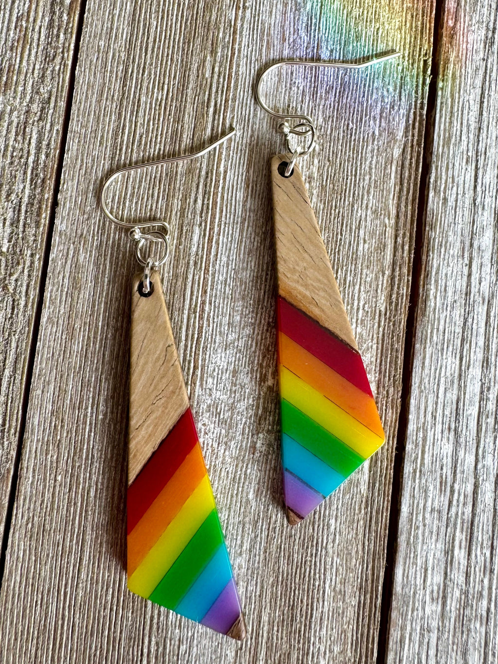 Bespattered Facade Rainbow Stripes Wood and Resin Dangly Earrings by Bespattered Facade