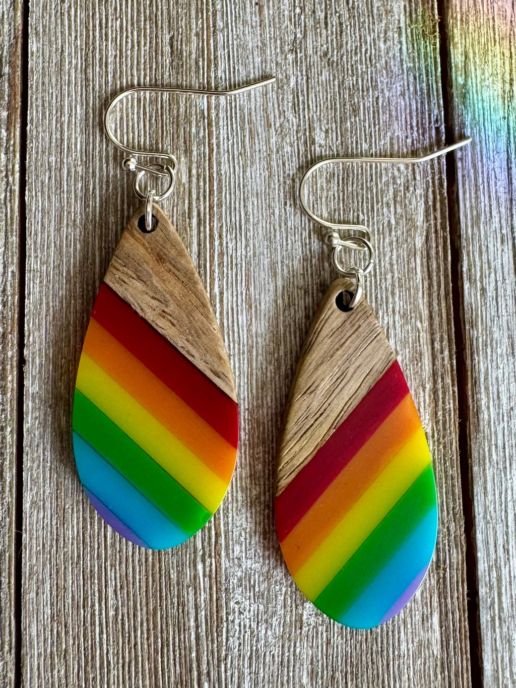 Bespattered Facade Rainbow Stripes Wood and Resin Dangly Earrings by Bespattered Facade