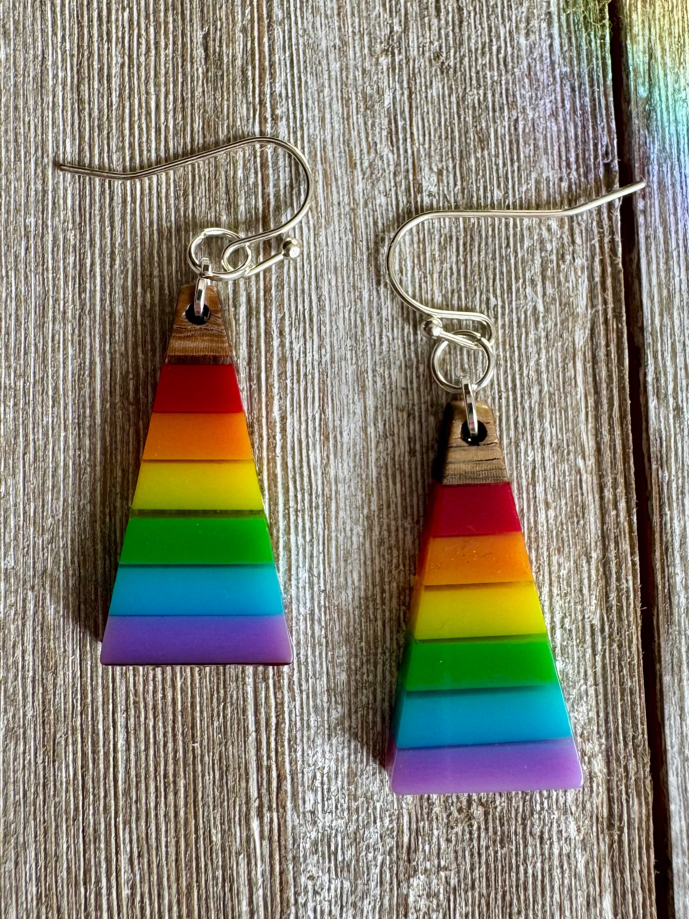 Bespattered Facade Rainbow Stripes Wood and Resin Dangly Earrings by Bespattered Facade