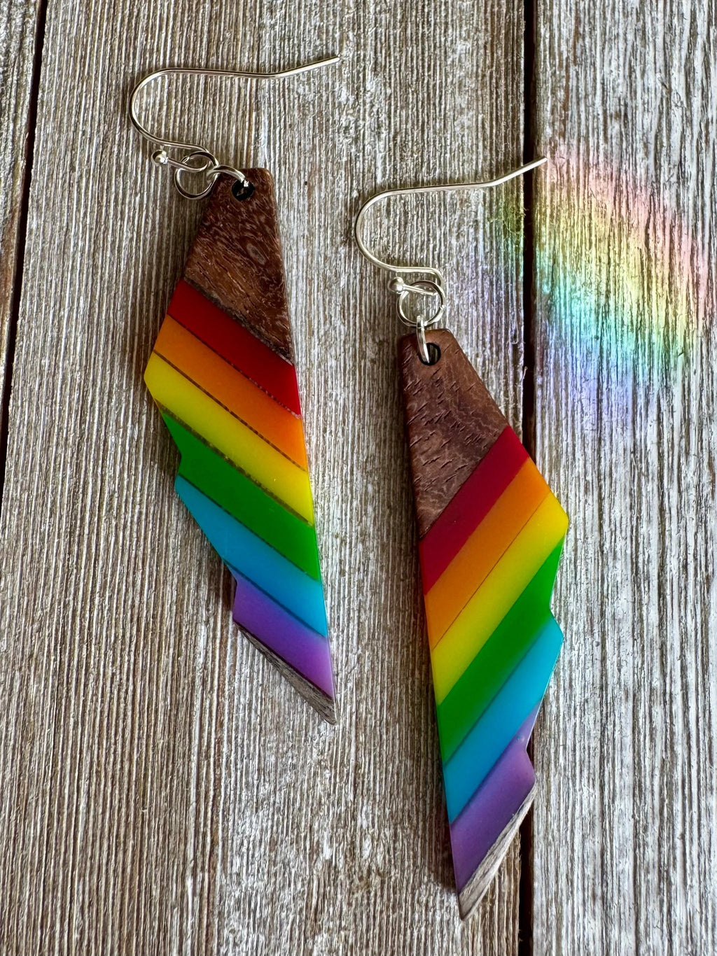 Bespattered Facade Rainbow Stripes Wood and Resin Dangly Earrings by Bespattered Facade