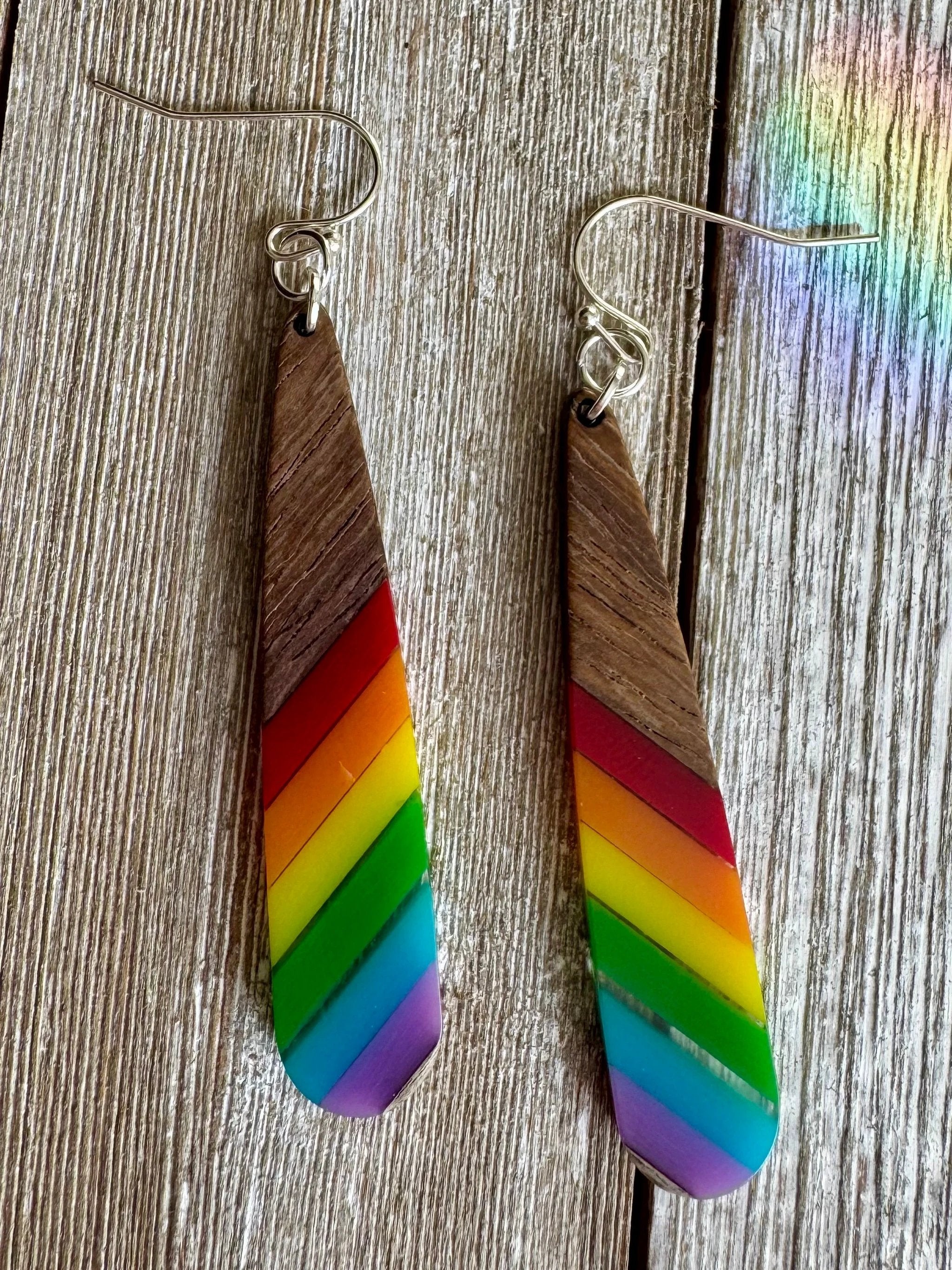 Bespattered Facade Rainbow Stripes Wood and Resin Dangly Earrings by Bespattered Facade
