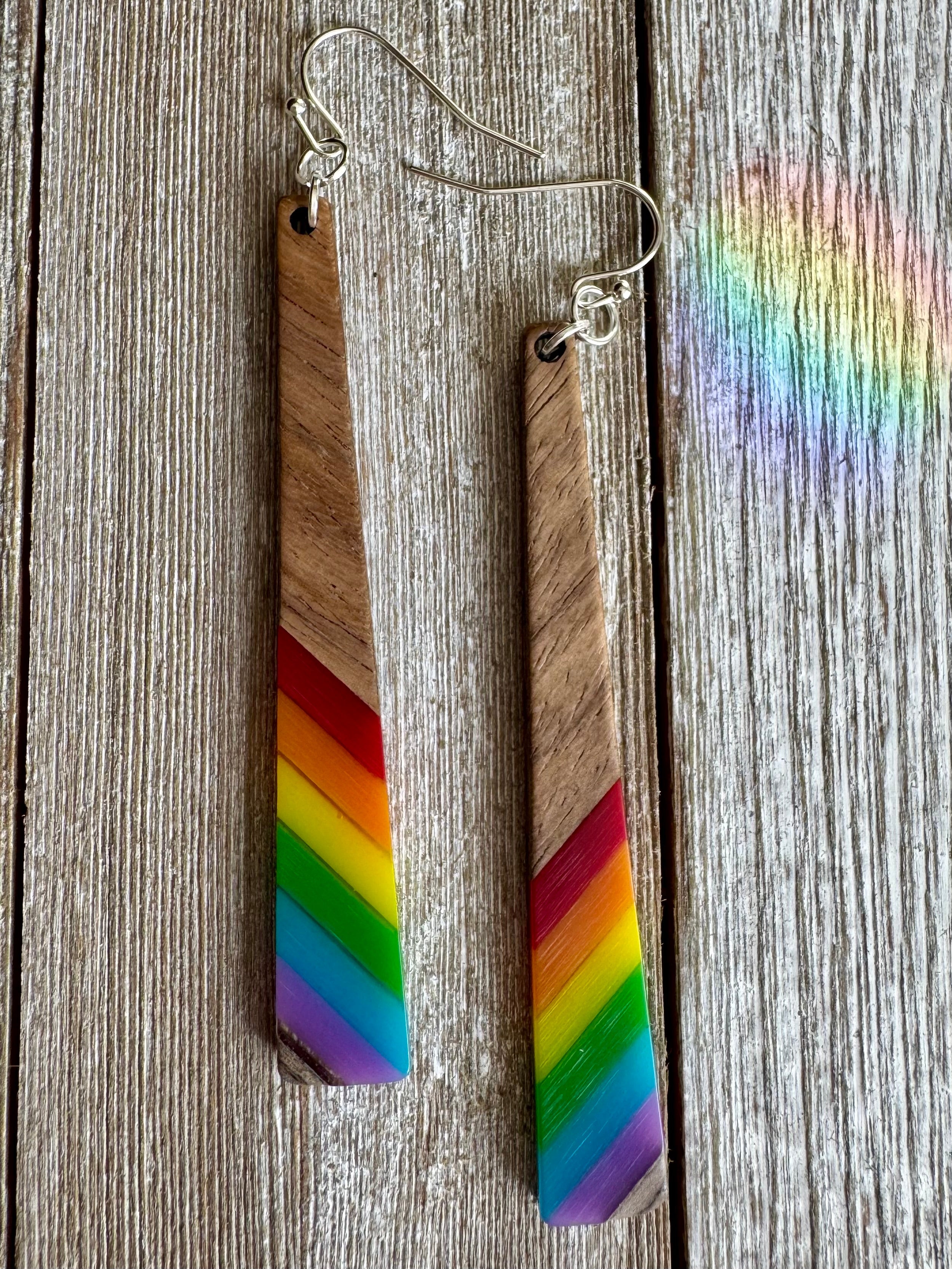 Bespattered Facade Rainbow Stripes Wood and Resin Dangly Earrings by Bespattered Facade