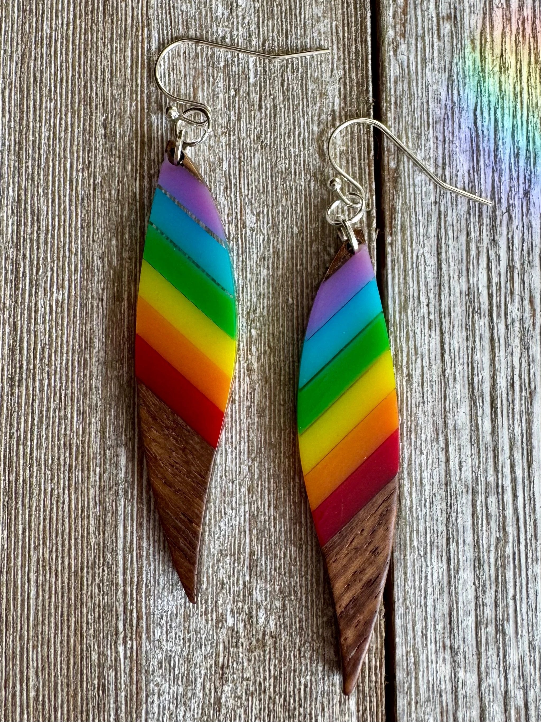 Bespattered Facade Rainbow Stripes Wood and Resin Dangly Earrings by Bespattered Facade
