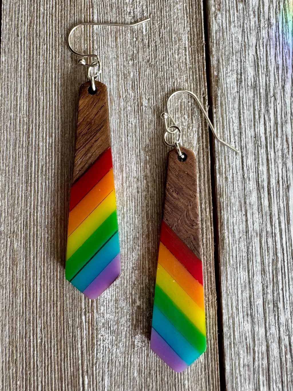Bespattered Facade Rainbow Stripes Wood and Resin Dangly Earrings by Bespattered Facade
