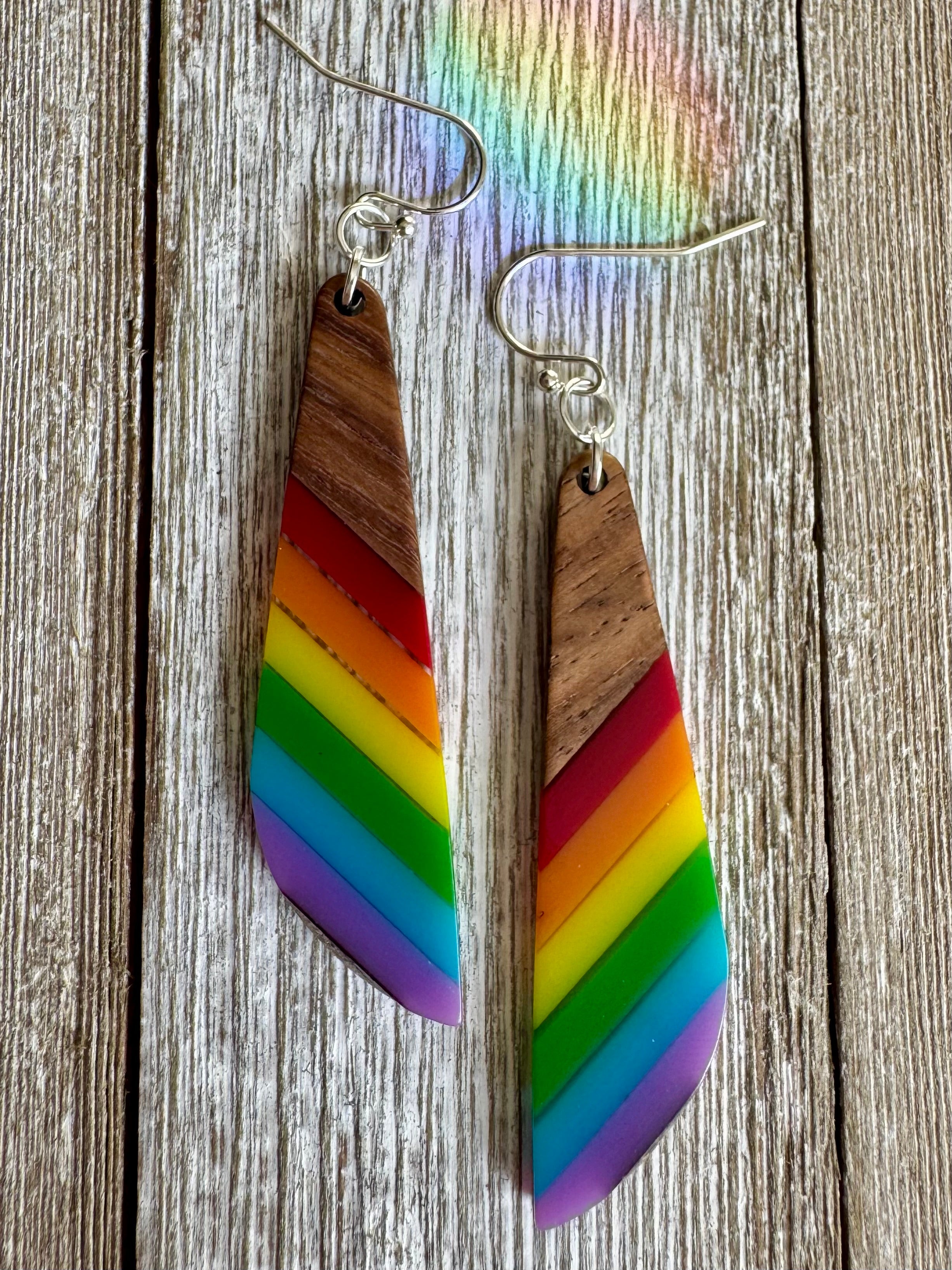 Bespattered Facade Rainbow Stripes Wood and Resin Dangly Earrings by Bespattered Facade