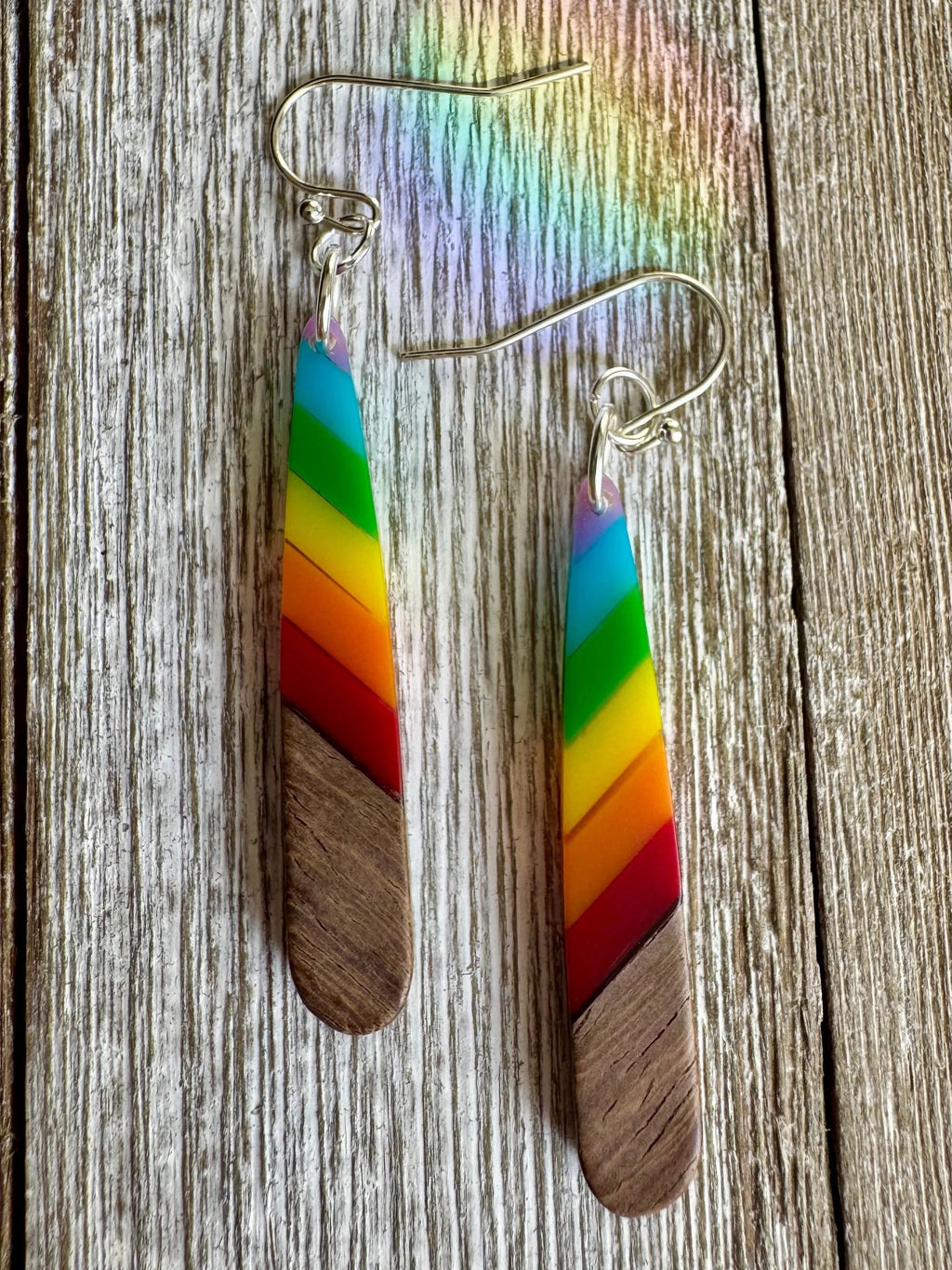 Bespattered Facade Rainbow Stripes Wood and Resin Dangly Earrings by Bespattered Facade