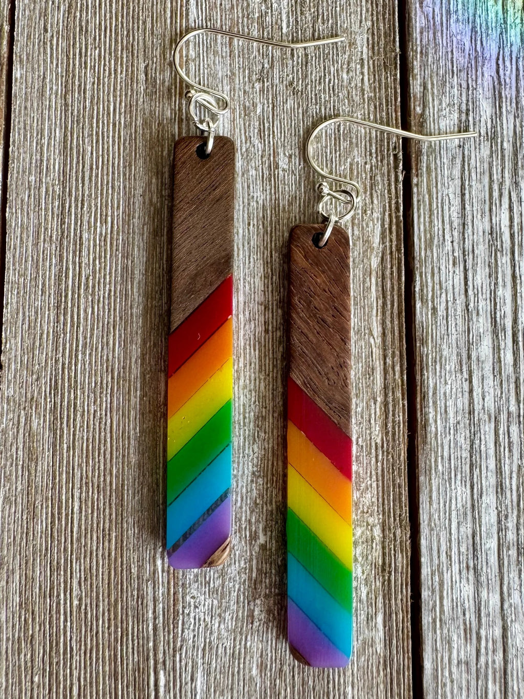 Bespattered Facade Rainbow Stripes Wood and Resin Dangly Earrings by Bespattered Facade