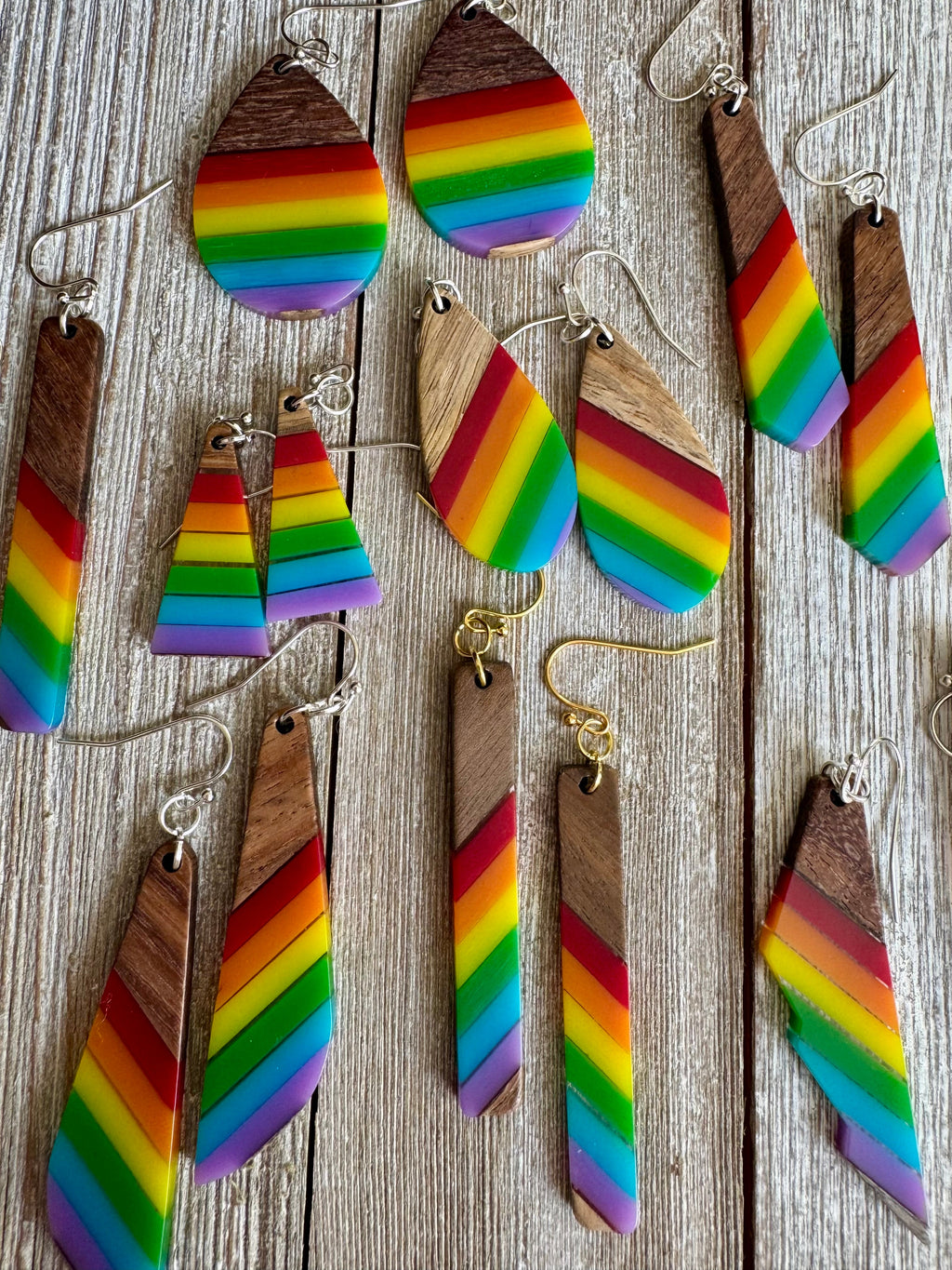 Bespattered Facade Rainbow Stripes Wood and Resin Dangly Earrings