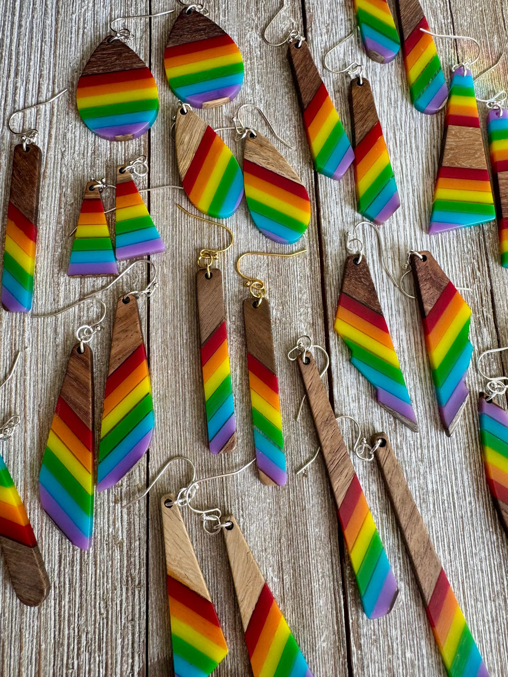 Bespattered Facade Rainbow Stripes Wood and Resin Dangly Earrings