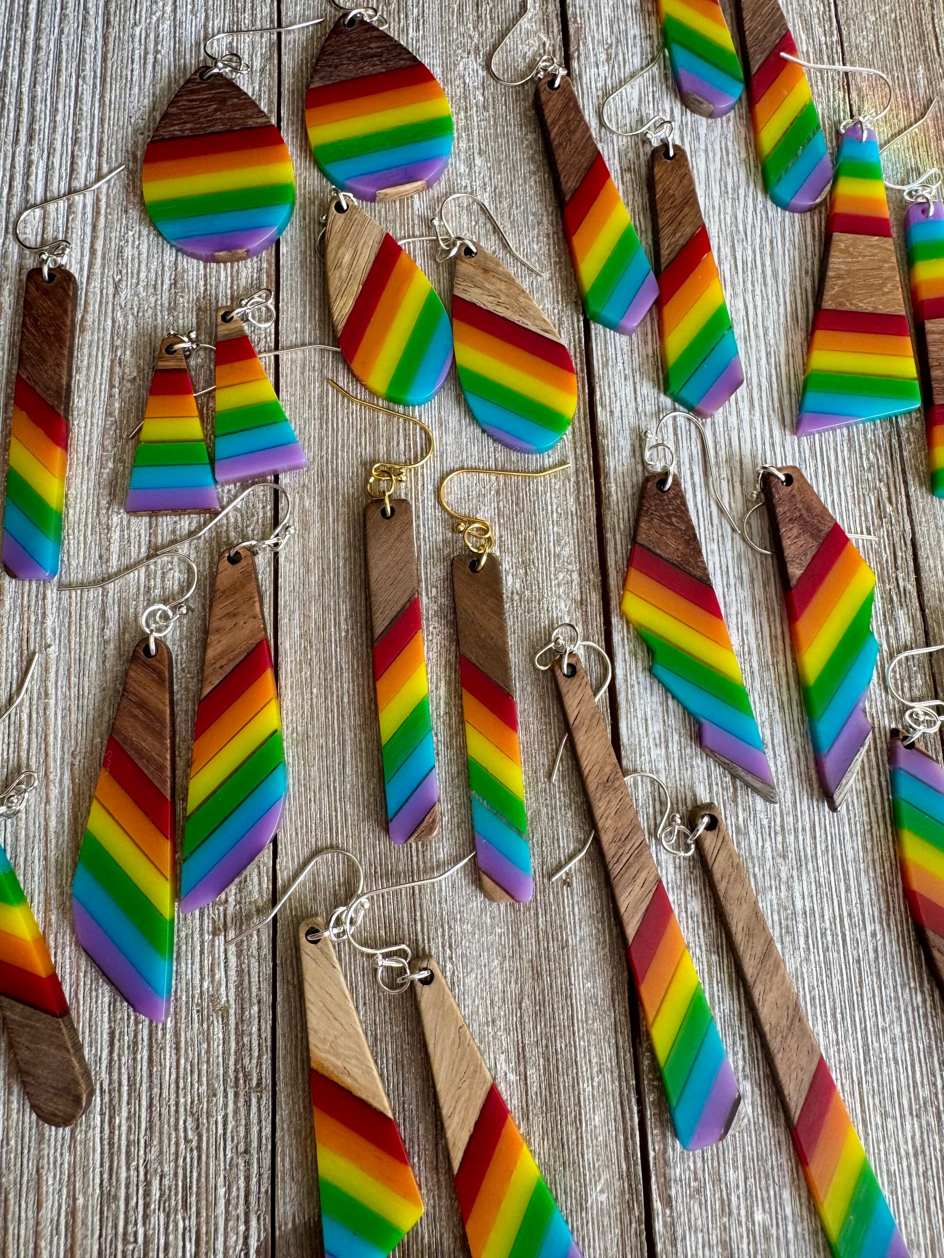 Bespattered Facade Rainbow Stripes Wood and Resin Dangly Earrings