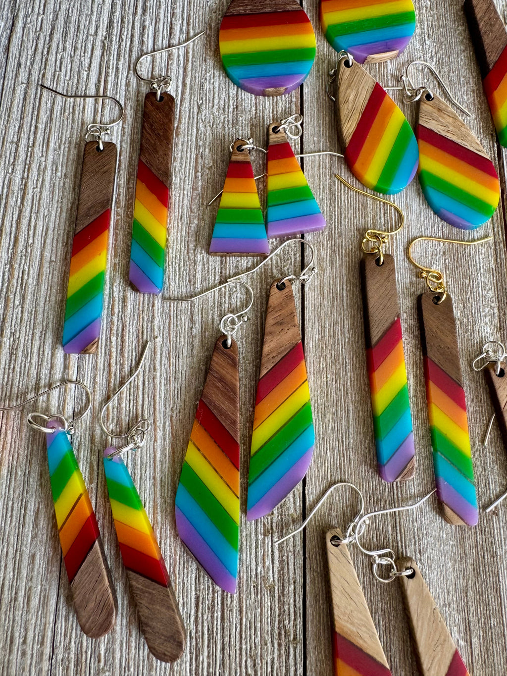 Bespattered Facade Rainbow Stripes Wood and Resin Dangly Earrings